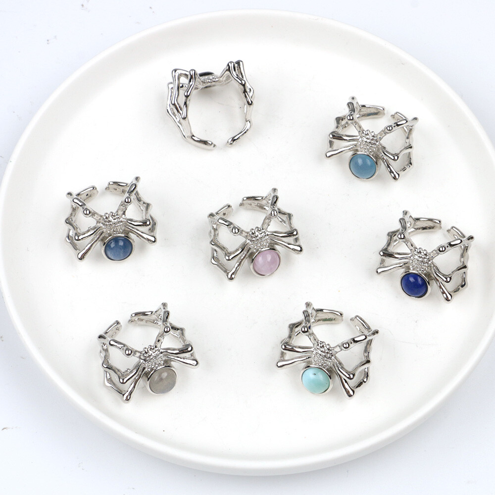 1pc Adjustable Chakra Crystal Spider Rings Gemstone Round Bead Quartz Jewerly