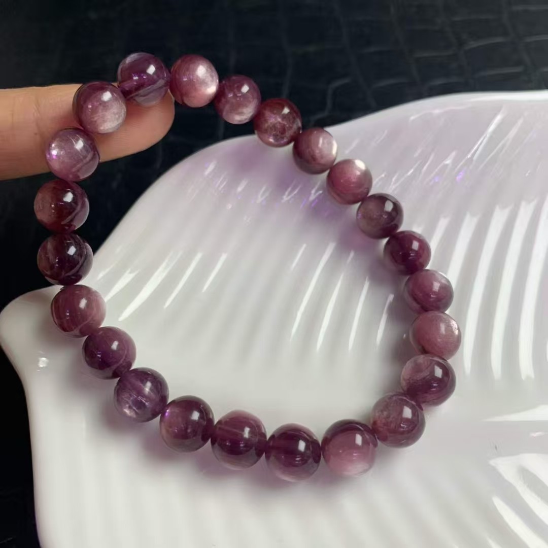 7-8mm Natural Purplelepidolite Crystal Round Cat’s Eye Beads Bracelet 1pc
