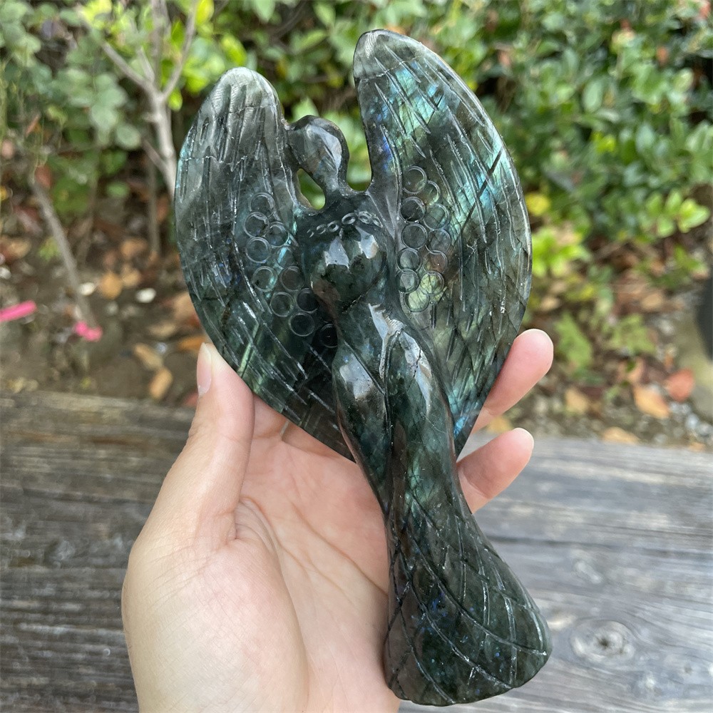 0.7LB 5.9″Natural Labradorite Angel Statue Crystal Heal Carving Energy Decor