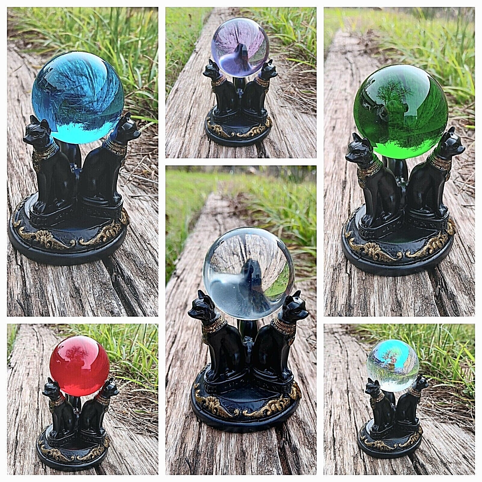 K9 50mm Crystal Ball & Egyptian Bastet Cat Resin Stand – 8 Colors