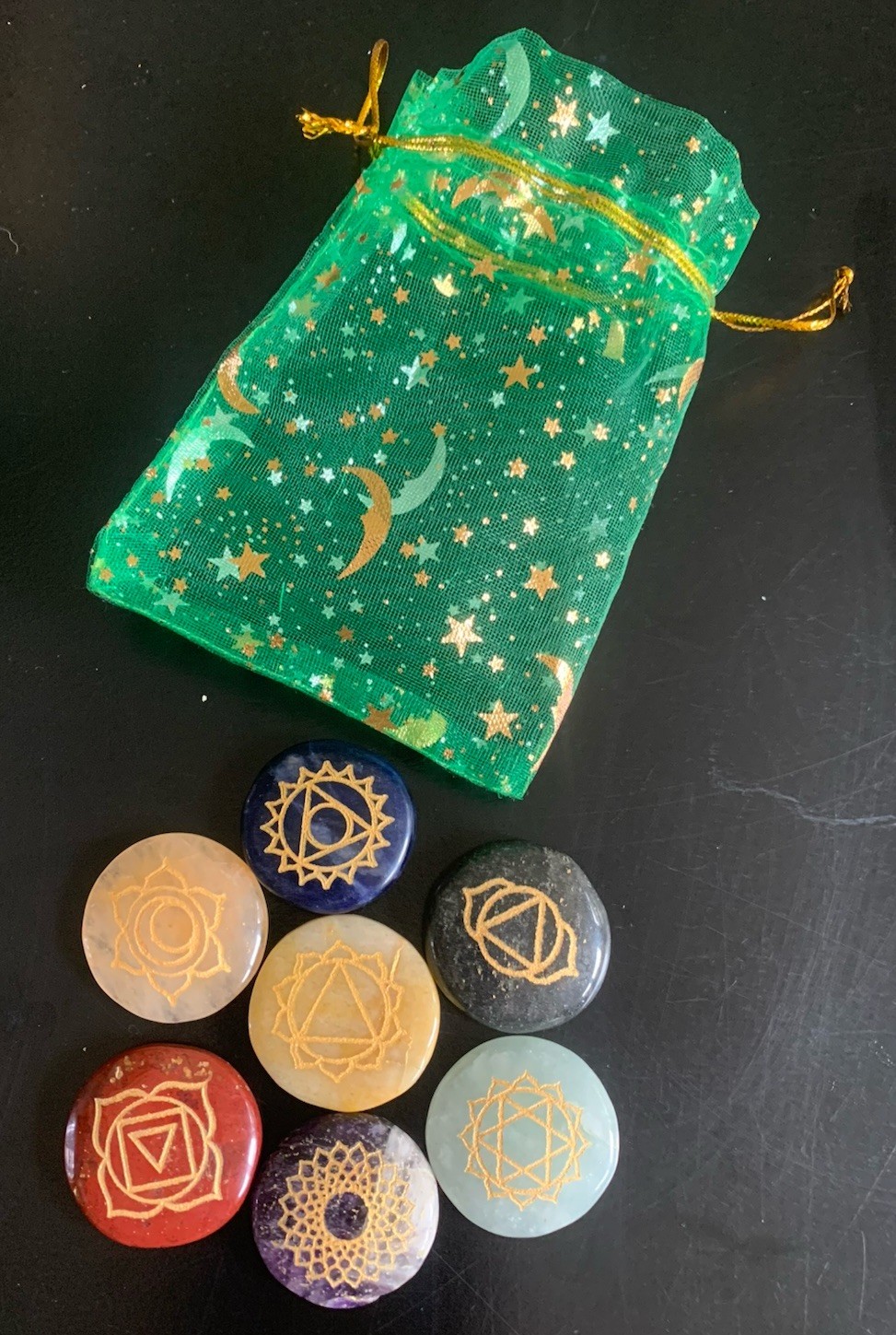 7 Engraved Chakra Symbols Round Pocket Stone Set Polished Worry Stones + Bag