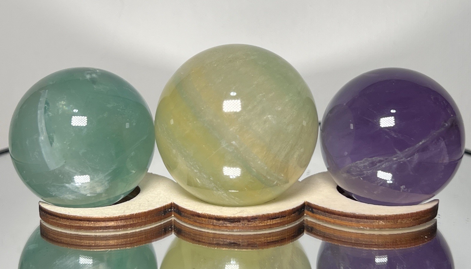 Fluorite 3 Piece Sphere Set – Yellow/Green 47mm, Green 41mm & Purple 41mm