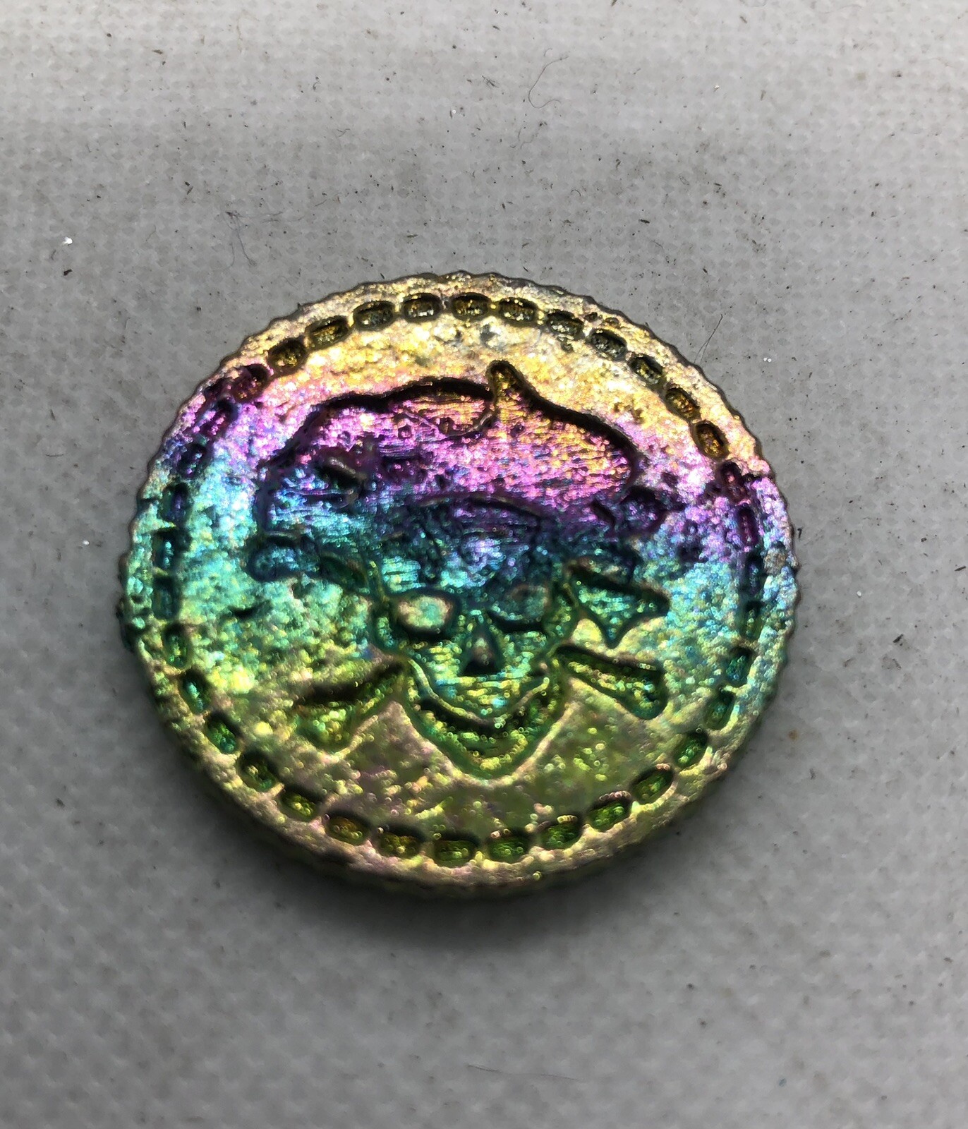 Bismuth crystal Rainbow Coin Skull With Bones