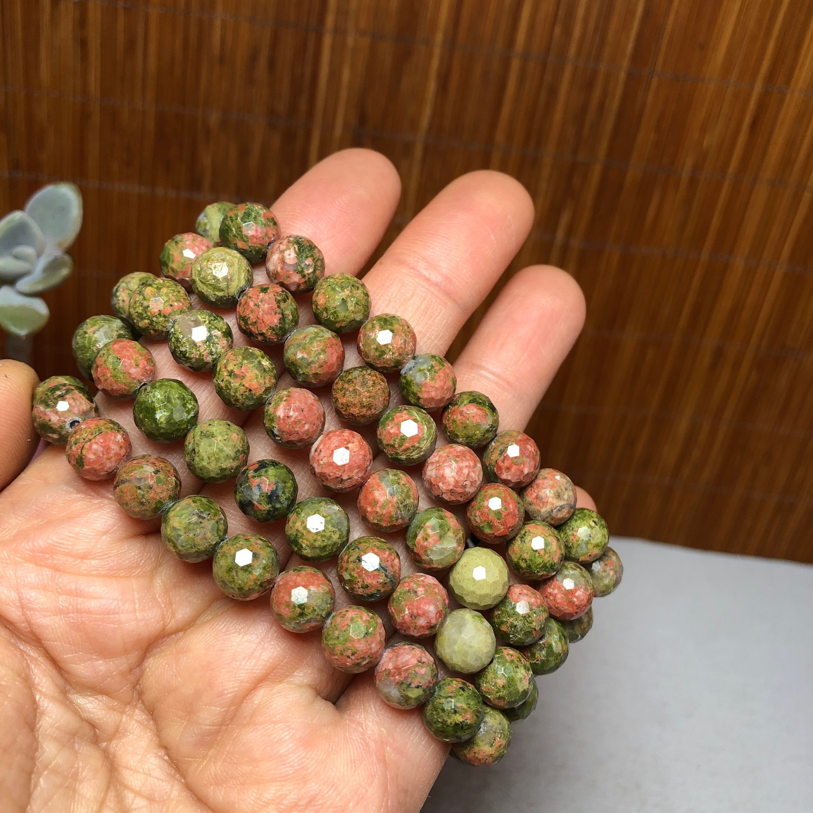 5Pcs Wholesal Natural Polish Unakite stone bracelets Crystal ball 8mm facet 3427