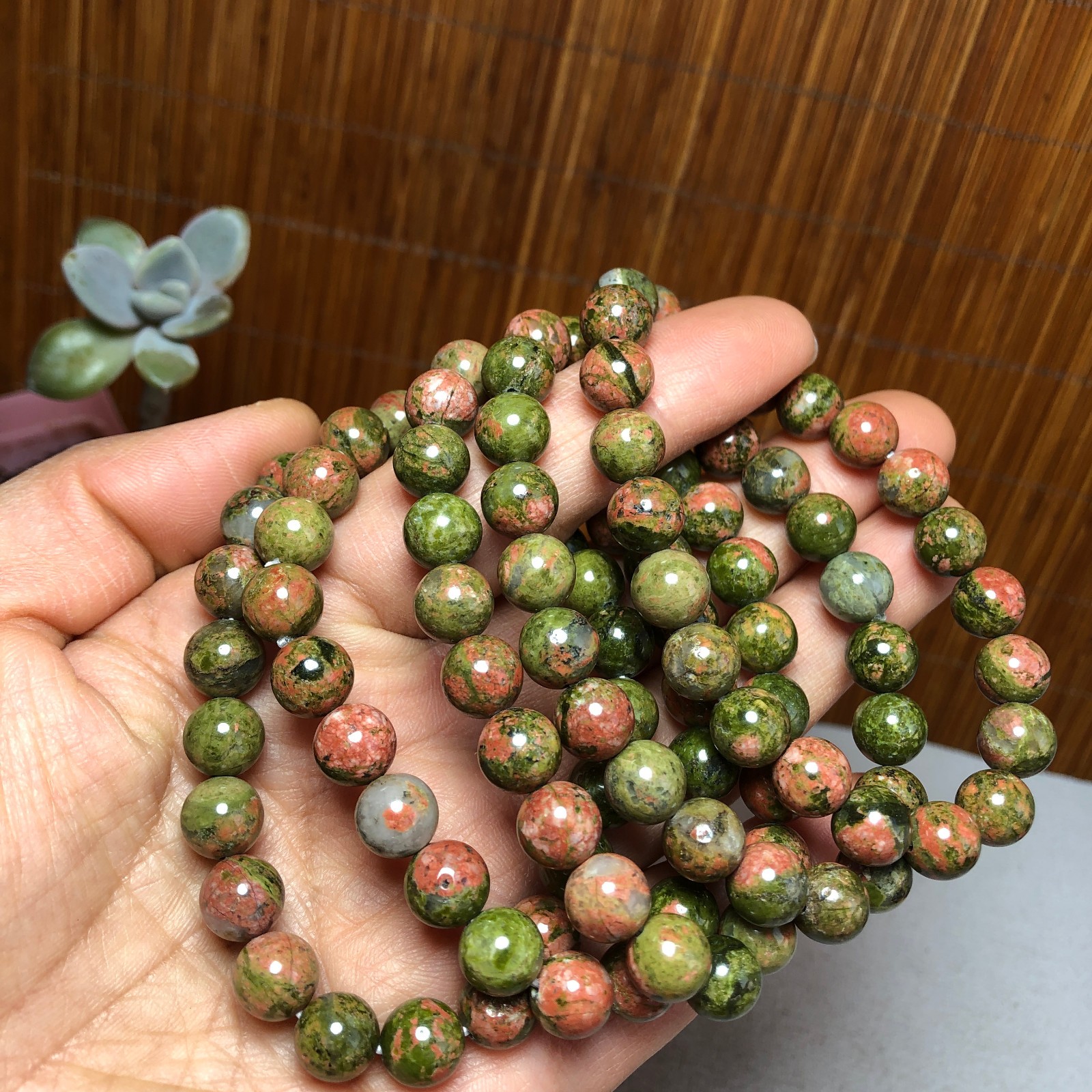 5Pcs Wholesal Natural Polish Unakite stone bracelets Crystal ball 8mm A3424