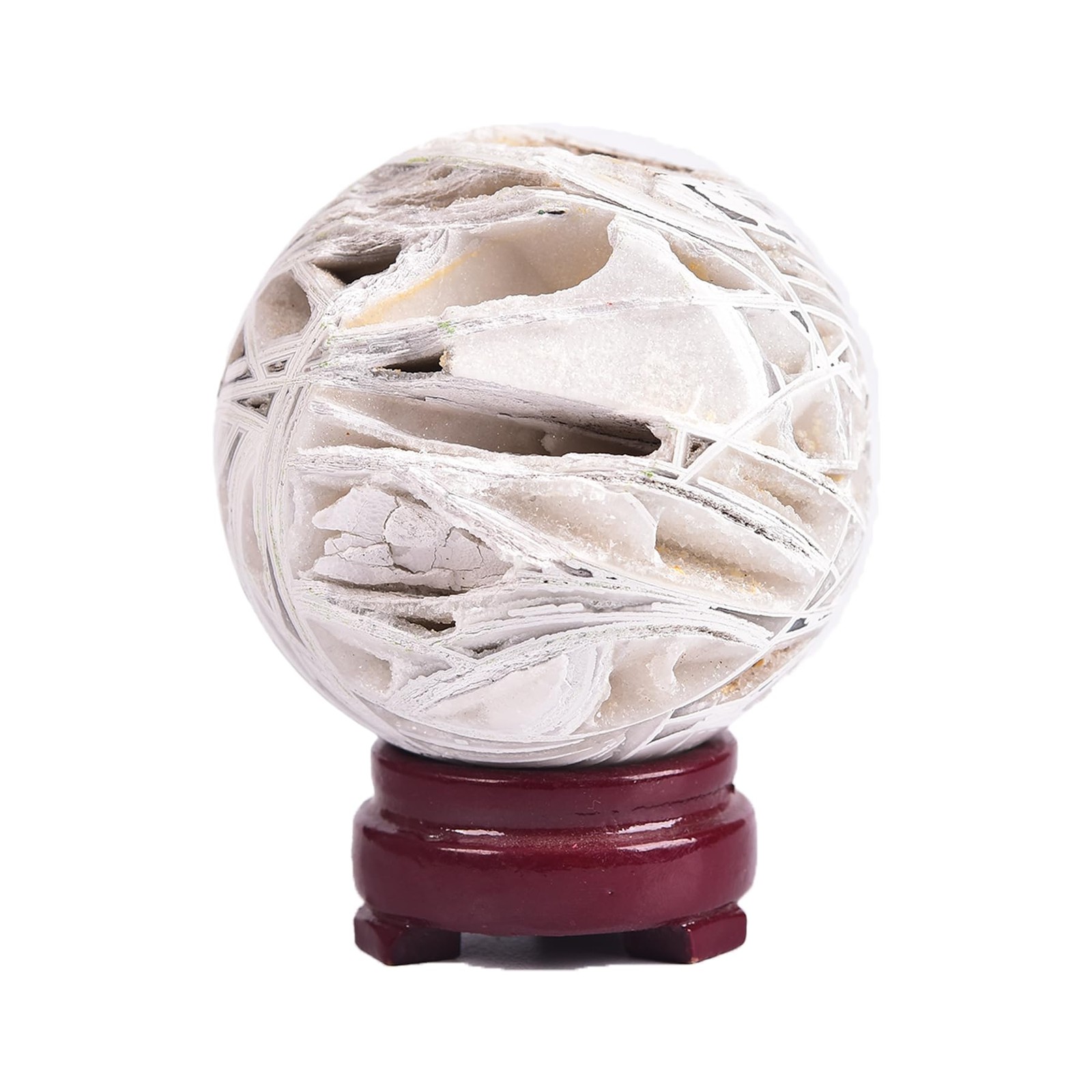 JIC Gem Natural Mexican White Agate Crystal Sphere 70-80mm Wooden Stand