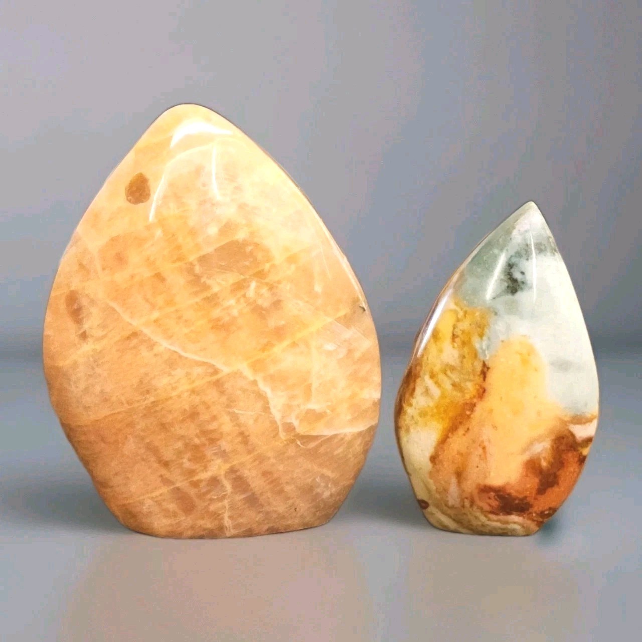 2 Polished Peach Moonstone & Polychrome Jasper Teardrop Freeform Ornaments – USA