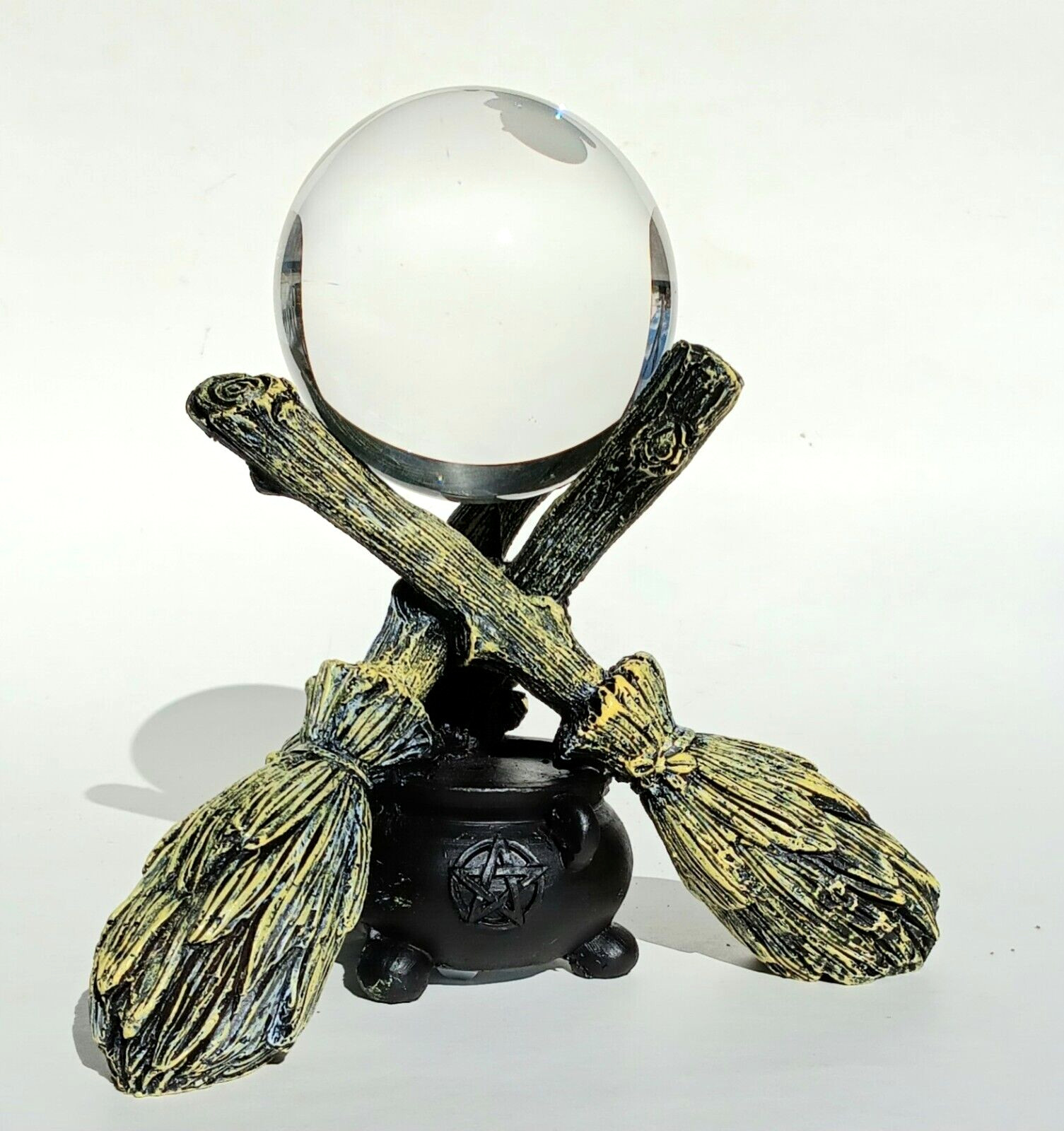 K9 80mm Clear Crystal Ball with Witch Broomstick & Cauldron Stand