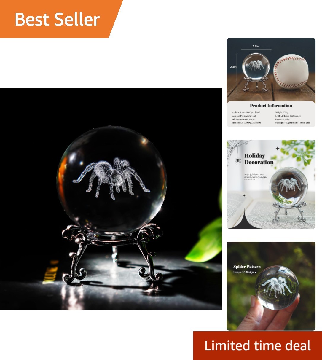 Charming 60mm Laser Engraved Spider Crystal Ball – Sophisticated Halloween Decor