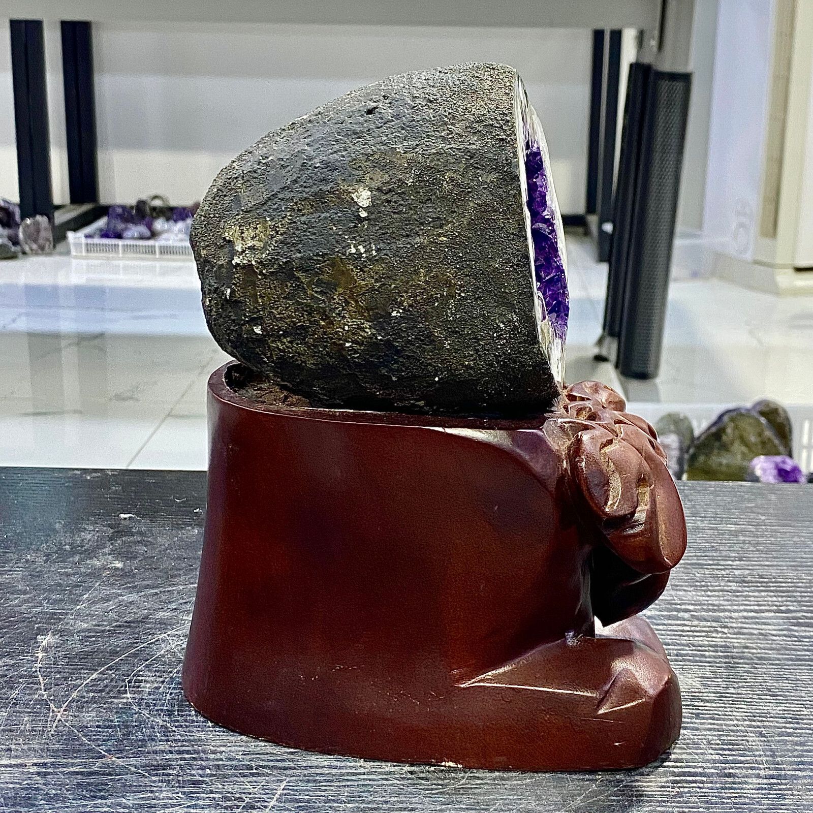 6.09LB Uruguay Natural Amethyst Money Bag Cave Decoration+Bracket