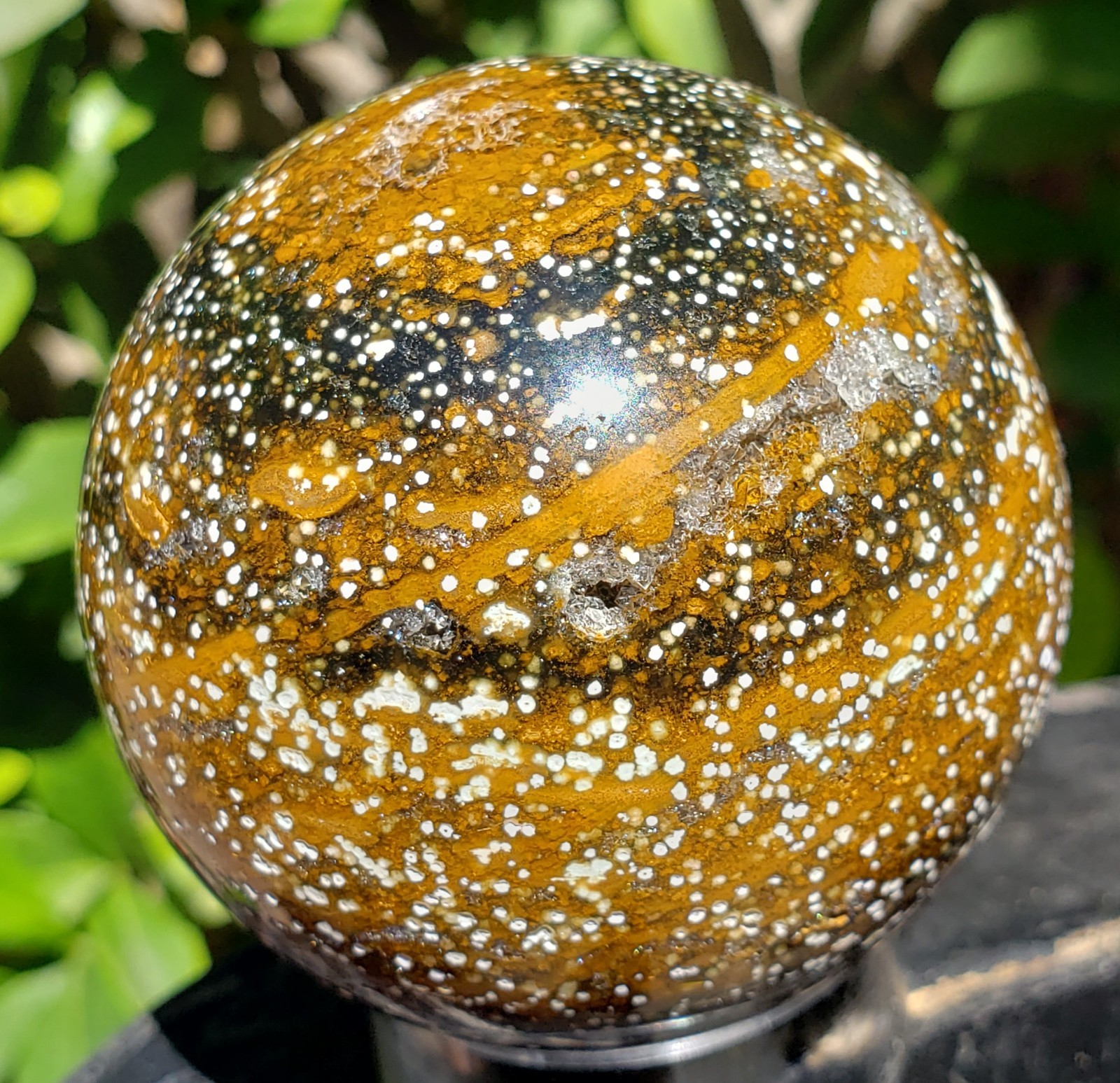 2.1″ Natural 8th Vein Orbicular Ocean Jasper Crystal Sphere Quartz UV Druzy,199g