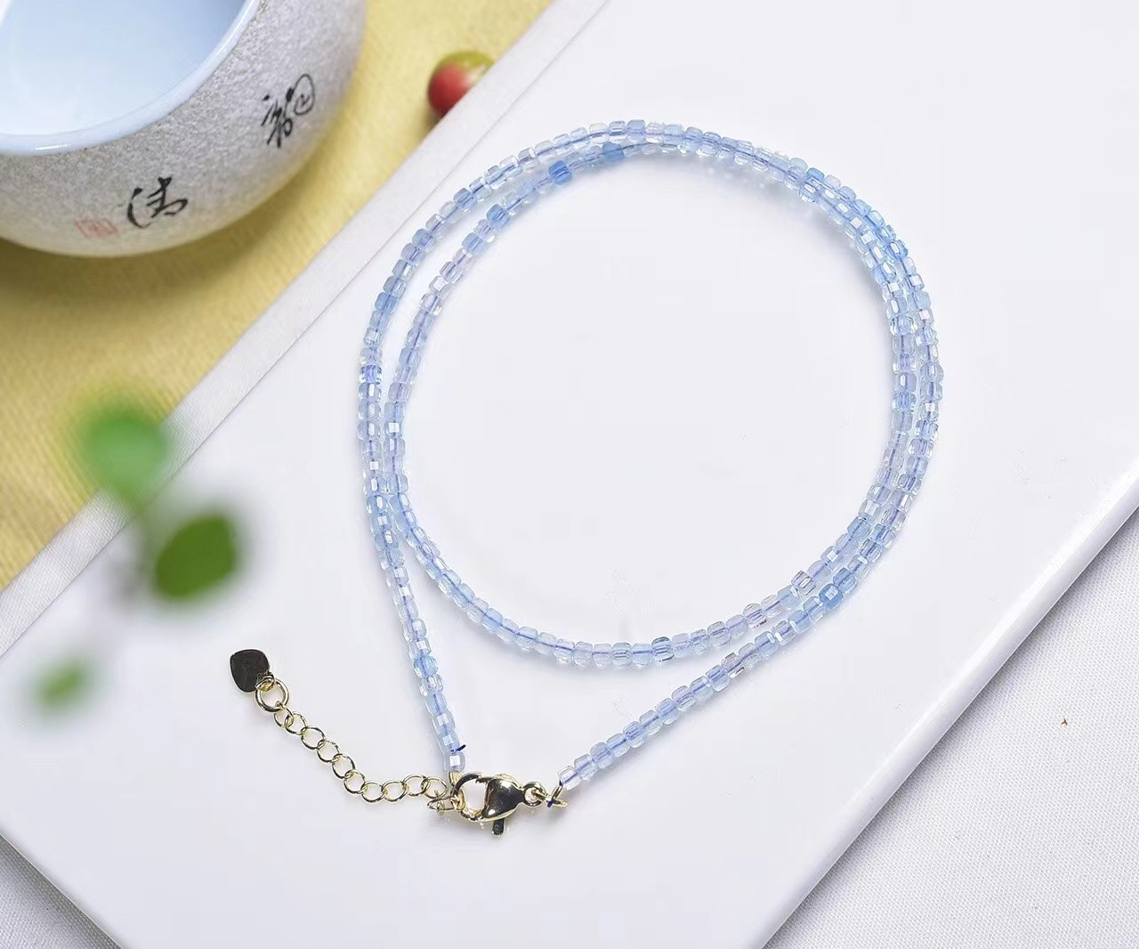 Blue Aquamarine Necklace Tiny 2.5mm Cube Beaded r Healing Delicate Women Crystal