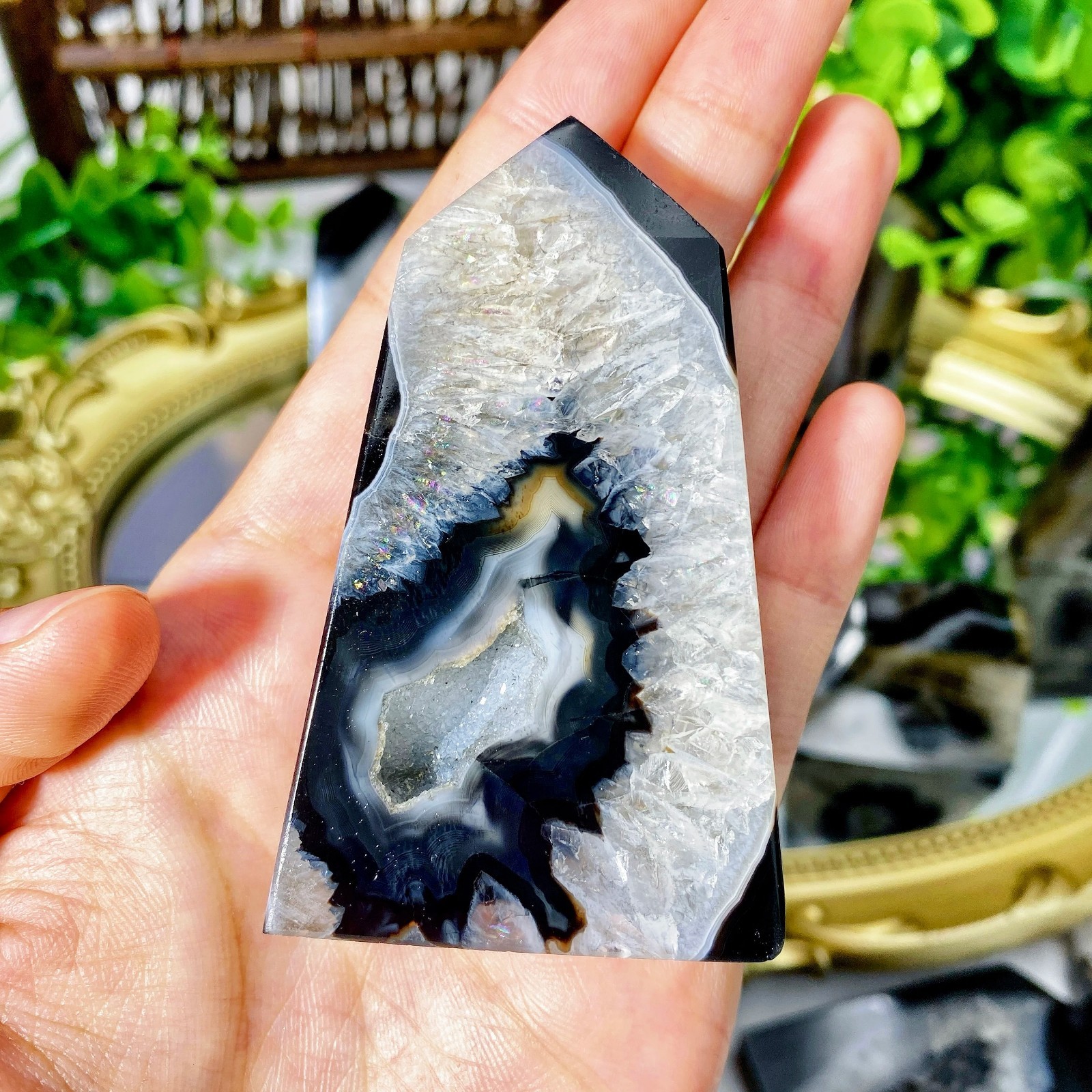 Black Sardonyx Geode Agate Crystal Point Natural Home Decor Holiday Birthday Gif