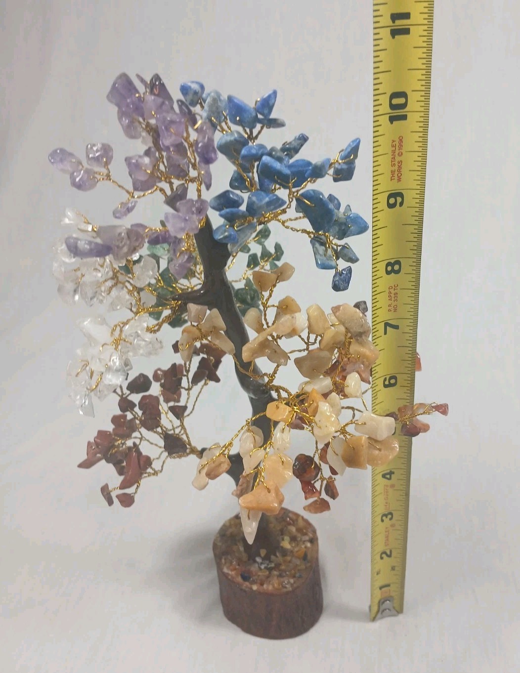 Seven Chakra Tree of Life Gemstone Wire Bonsai Tree Wood Base 10+ Inches Tall