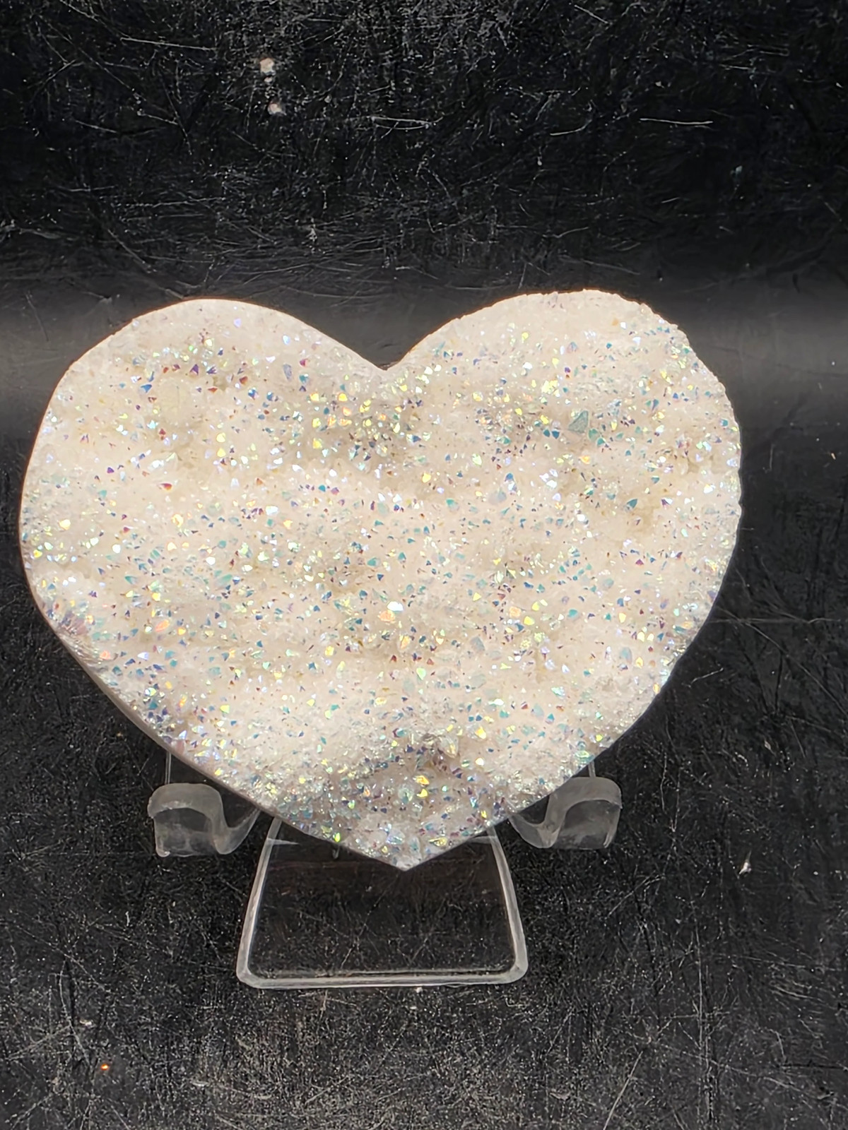 White pearl aura quartz heart! 4 ounces, 2.6 inches wide, 2.2″ tall