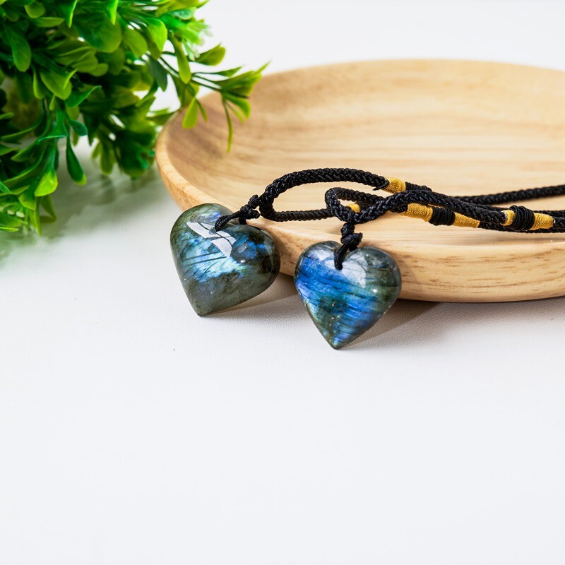 Natural Labradorite Heart Shaped Pendant Chakra Quartz Crystal Necklace Reiki US