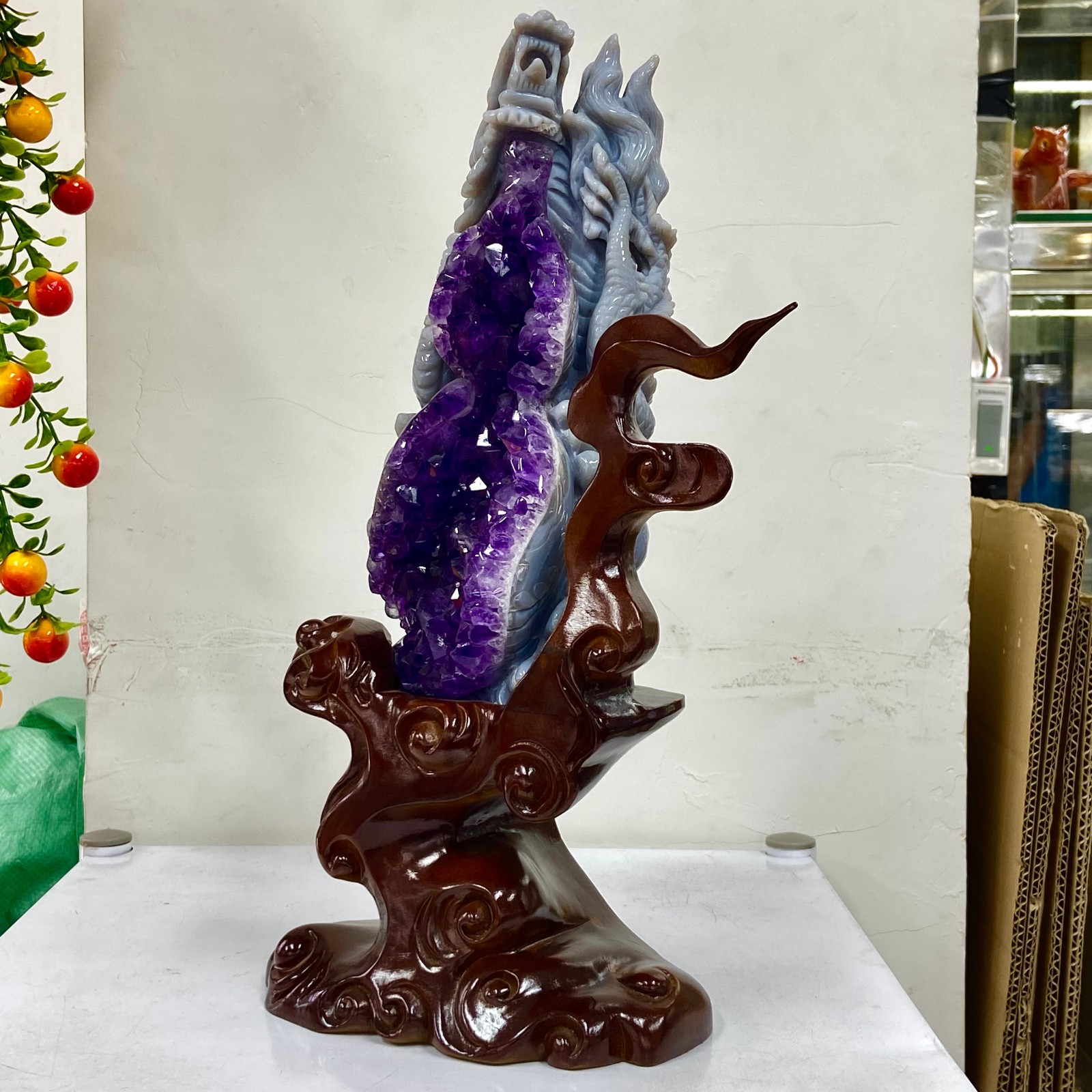 6.63LB Rare Natural Uruguay Amethyst Geode Quartz Crystal agate Carved Dragon