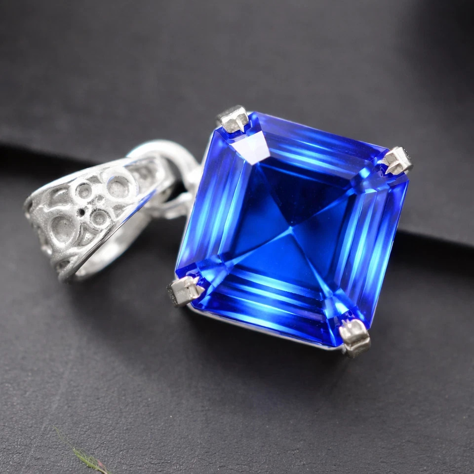 23 Ct Natural Emerald Shape Blue Sapphire 925 Silver Pendant IGL Loose Gems 6LHJ