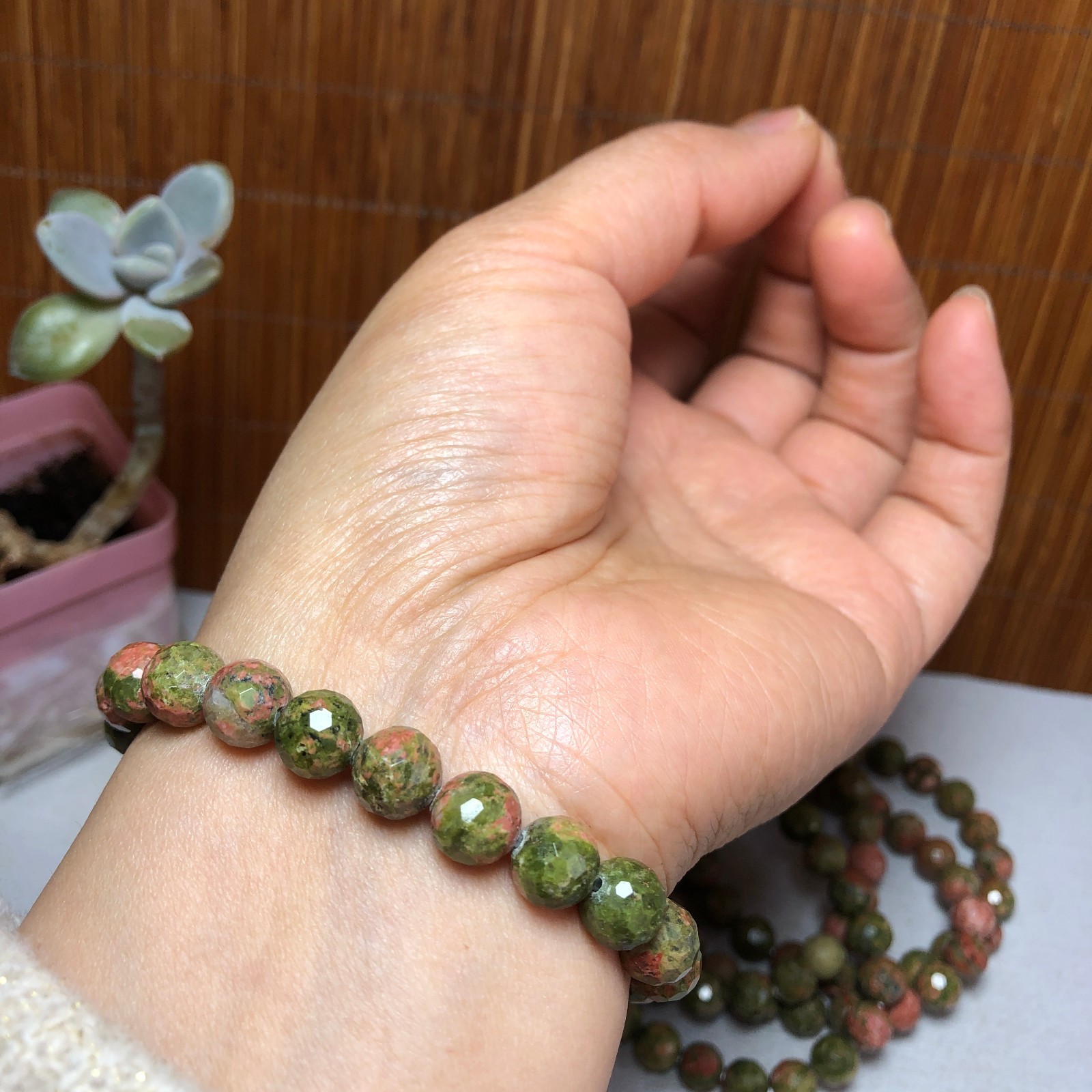 5Pcs Wholesal Natural Polish Unakite stone bracelets Crystal ball 8mm facet 3427