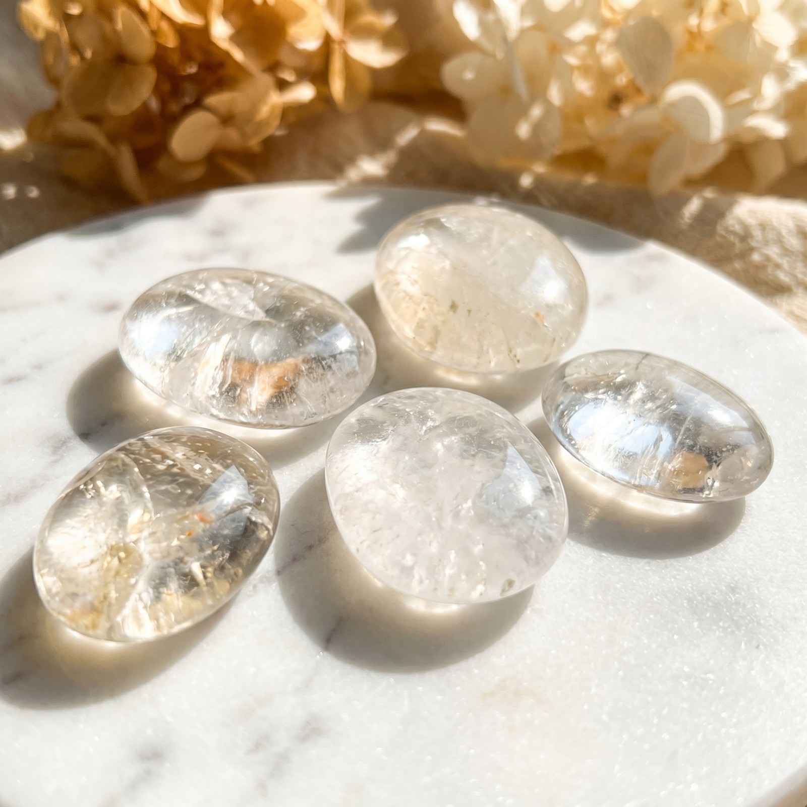 Clear Quartz Crystal Palm Stone Carving Genuine Mineral