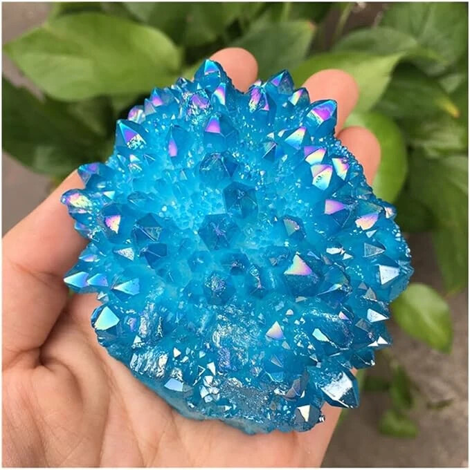 2025Rare Titanium Aura Blue Crystal Quartz Healing Cluster Geode Rock Decor Gift
