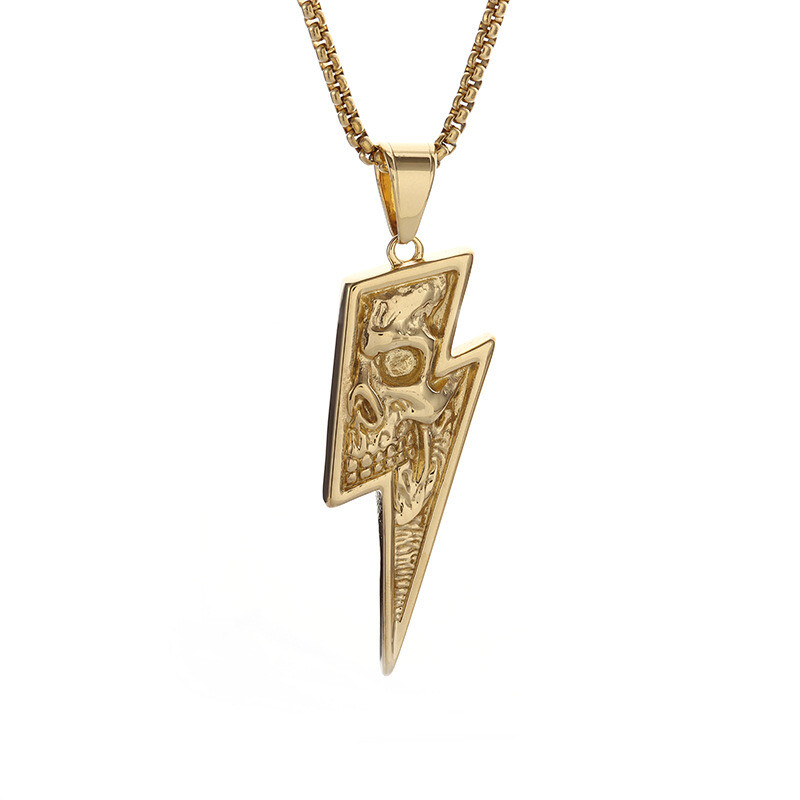 Men’s Fashion Jewelry Silver & Gold Skull Lightning Bolt Pendant Necklace