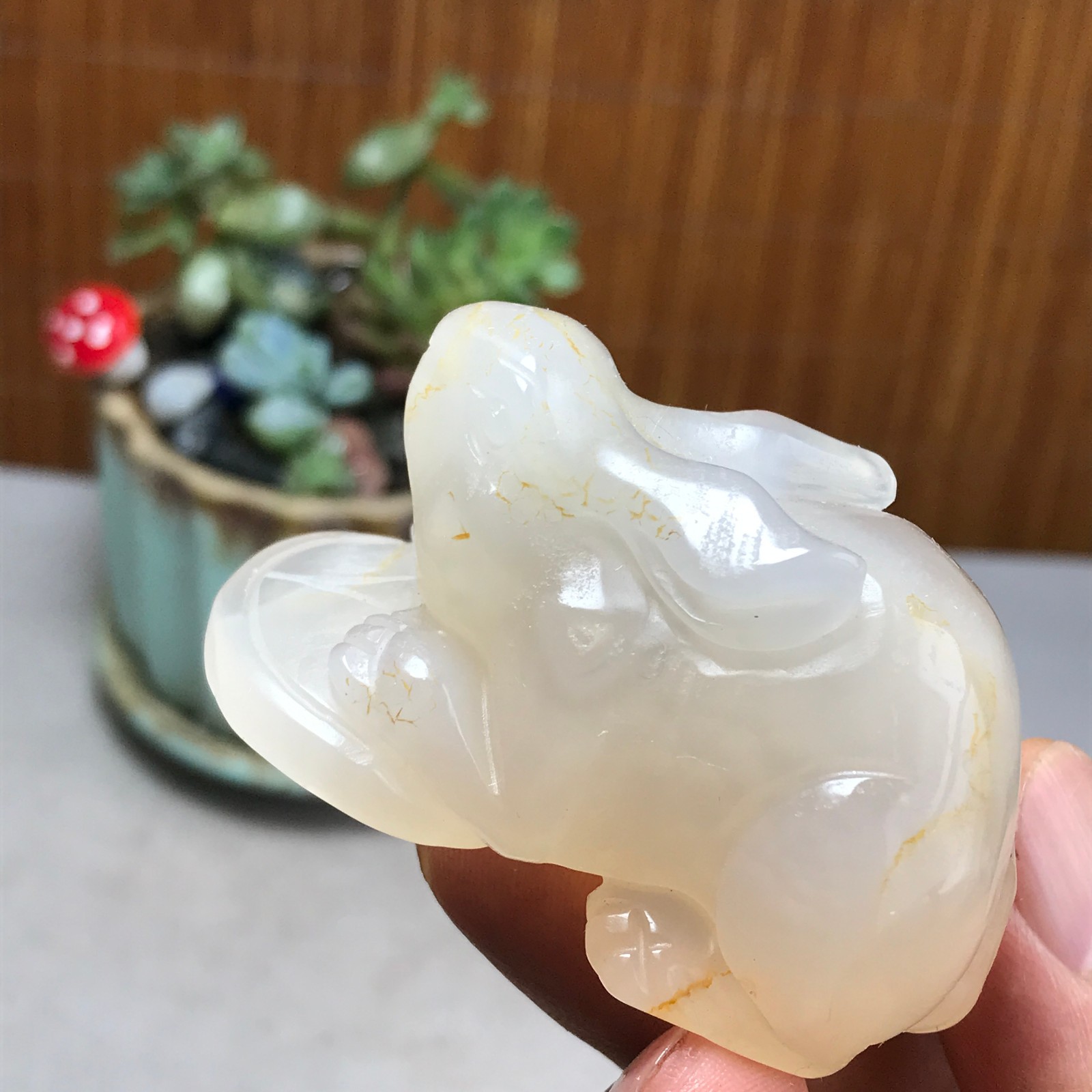 Natural agate carve Rabbit & Copper Coin Figurine, Feng Shui Wealth Luck 83