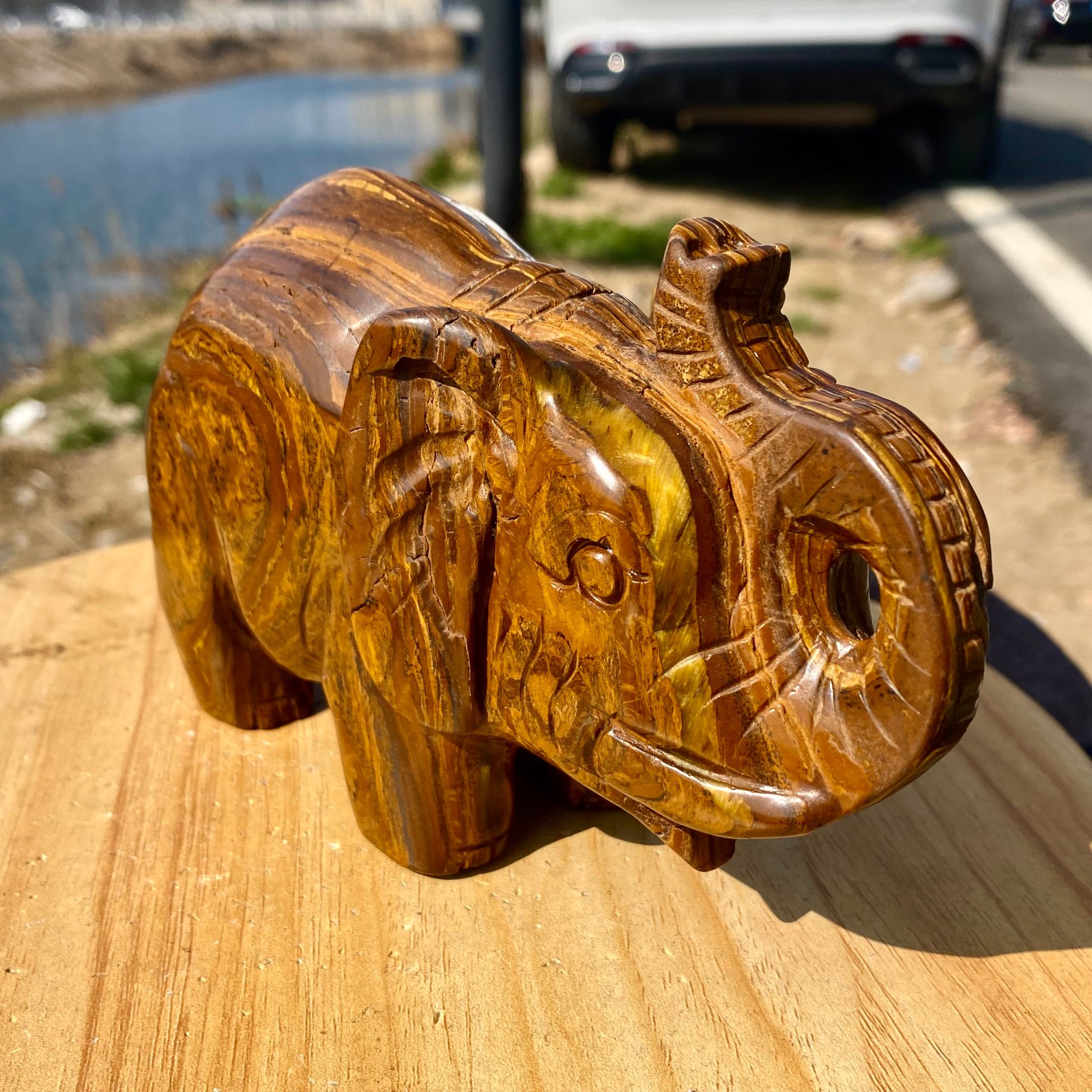 2.97LB Natural Tiger’s Eye Hand Carved Elephant Statue Reiki Healing Crystal