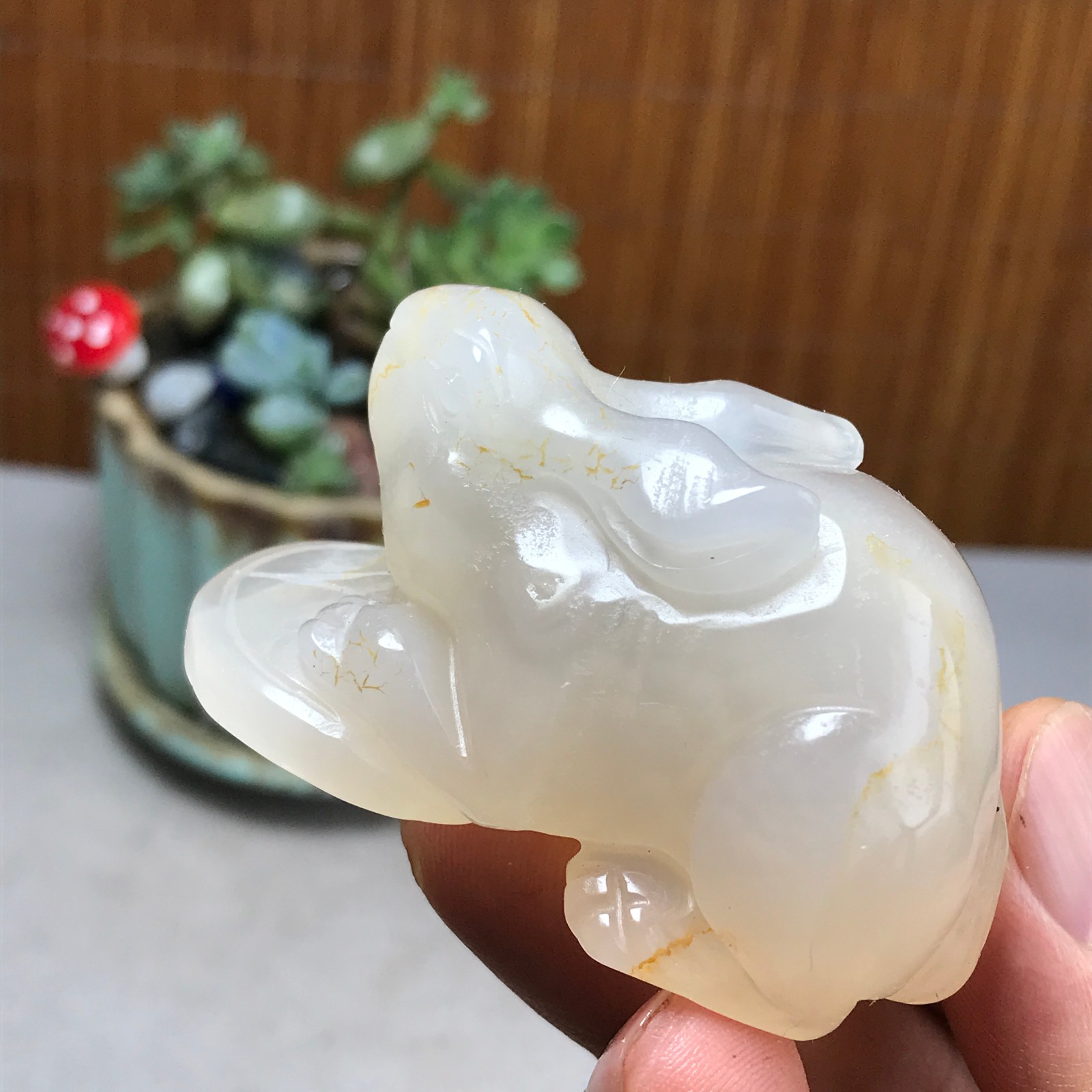 Natural agate carve Rabbit & Copper Coin Figurine, Feng Shui Wealth Luck 83