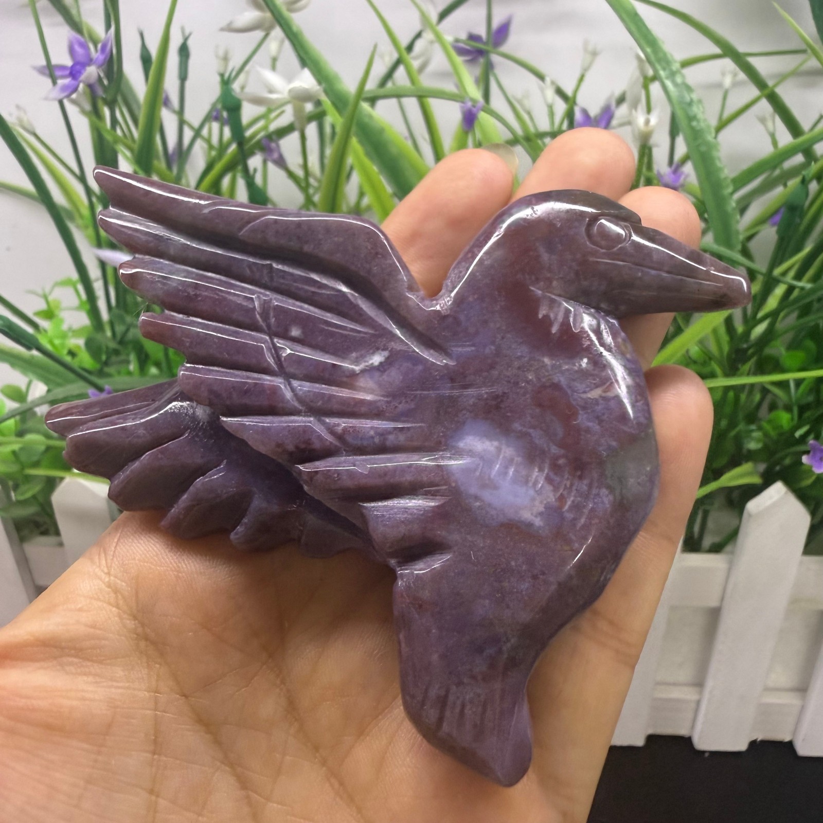 3.7″ natural ocean jasper Hummingbird Carved Reiki Crystal Skull Decor heal Gift