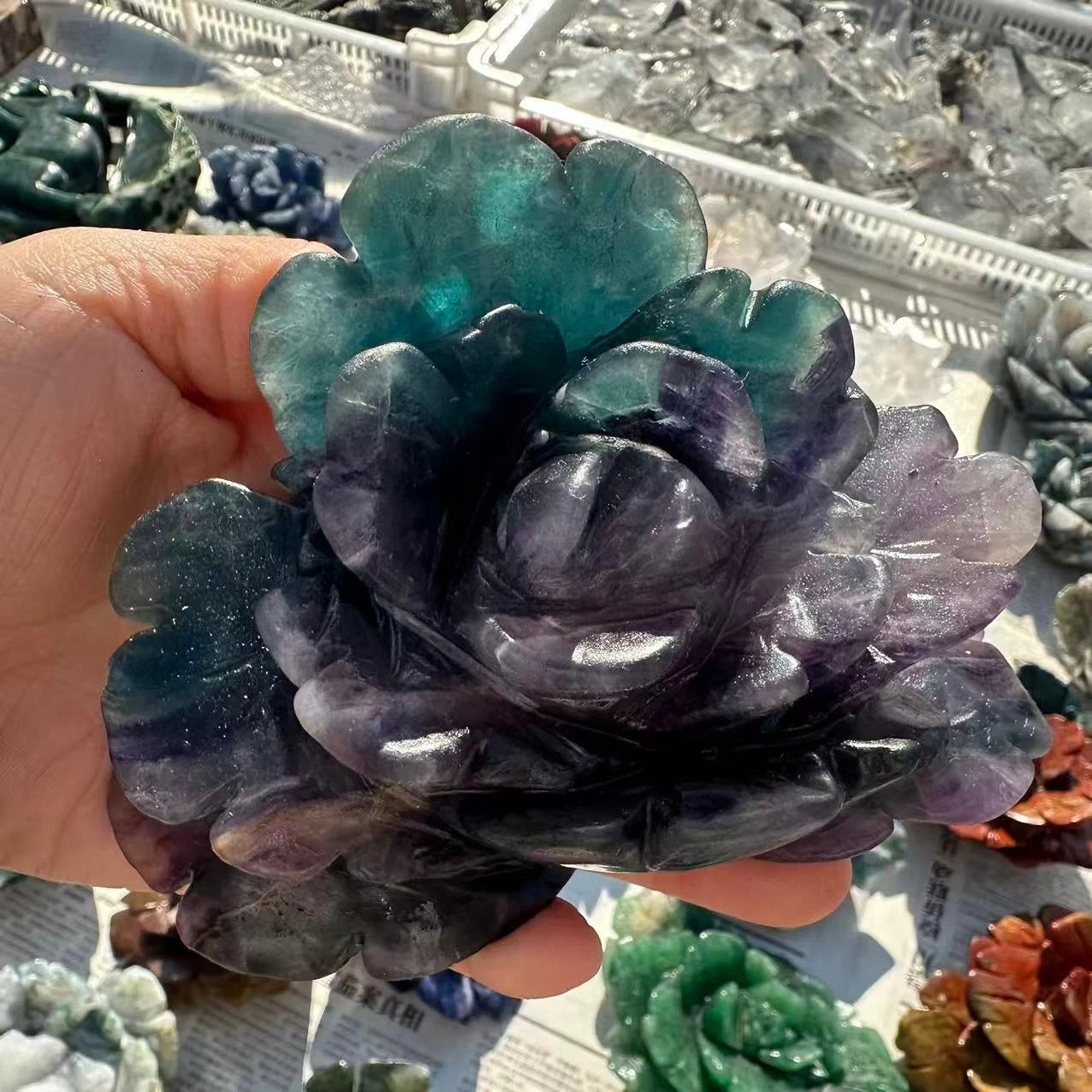 1PC Natural Color Fluorite Quartz Carved Peony Flower Skull Crystal Reiki gift