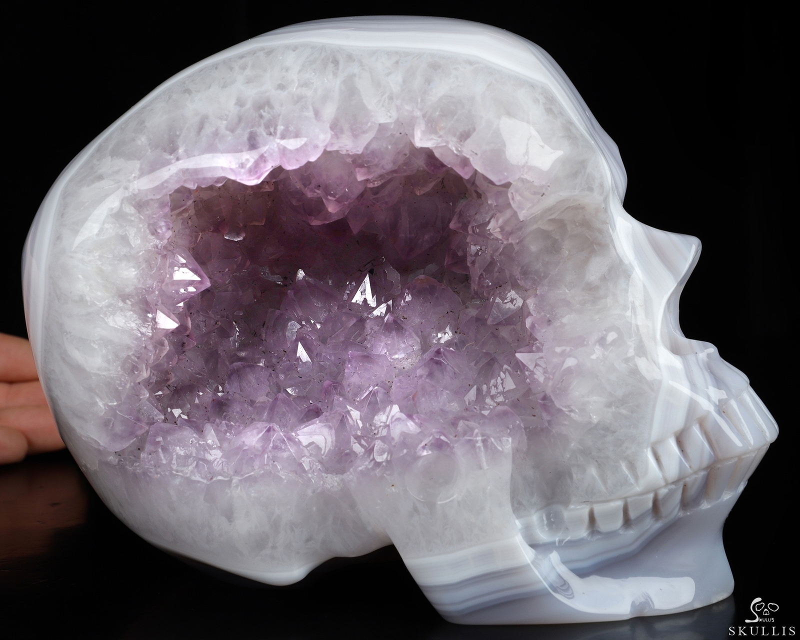 Super Realistic! Lifesized 7.0″ Agate Amethyst Geode Hand Carved Crystal Skull