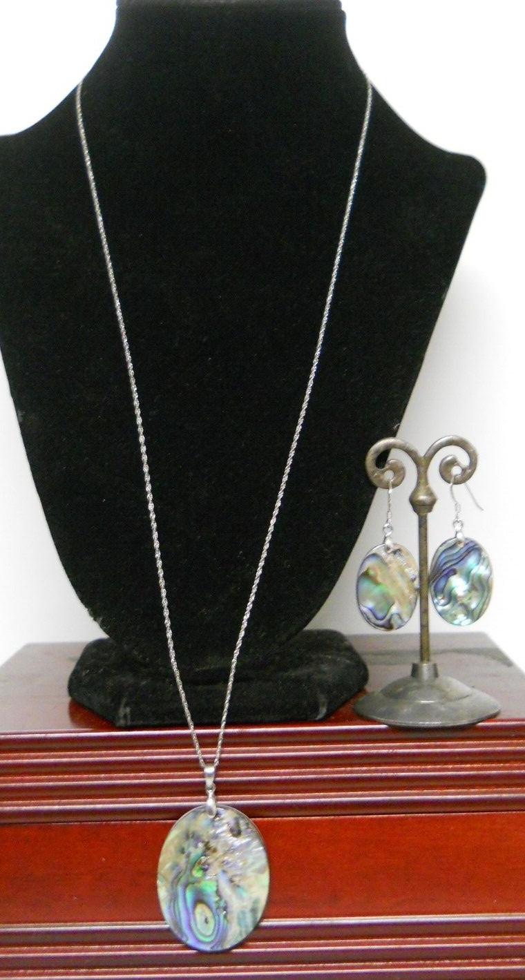 24″ Sterling Silver Necklace Authentic Abalone Shell & Earrings Jewelry Set #681