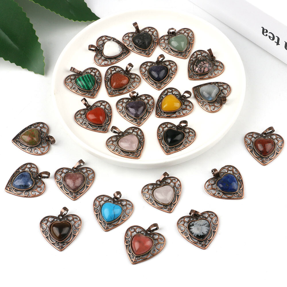 Natural Chakra Crystal Hollow Heart Bead Pendants Quartz Gemstone Healing Amulet