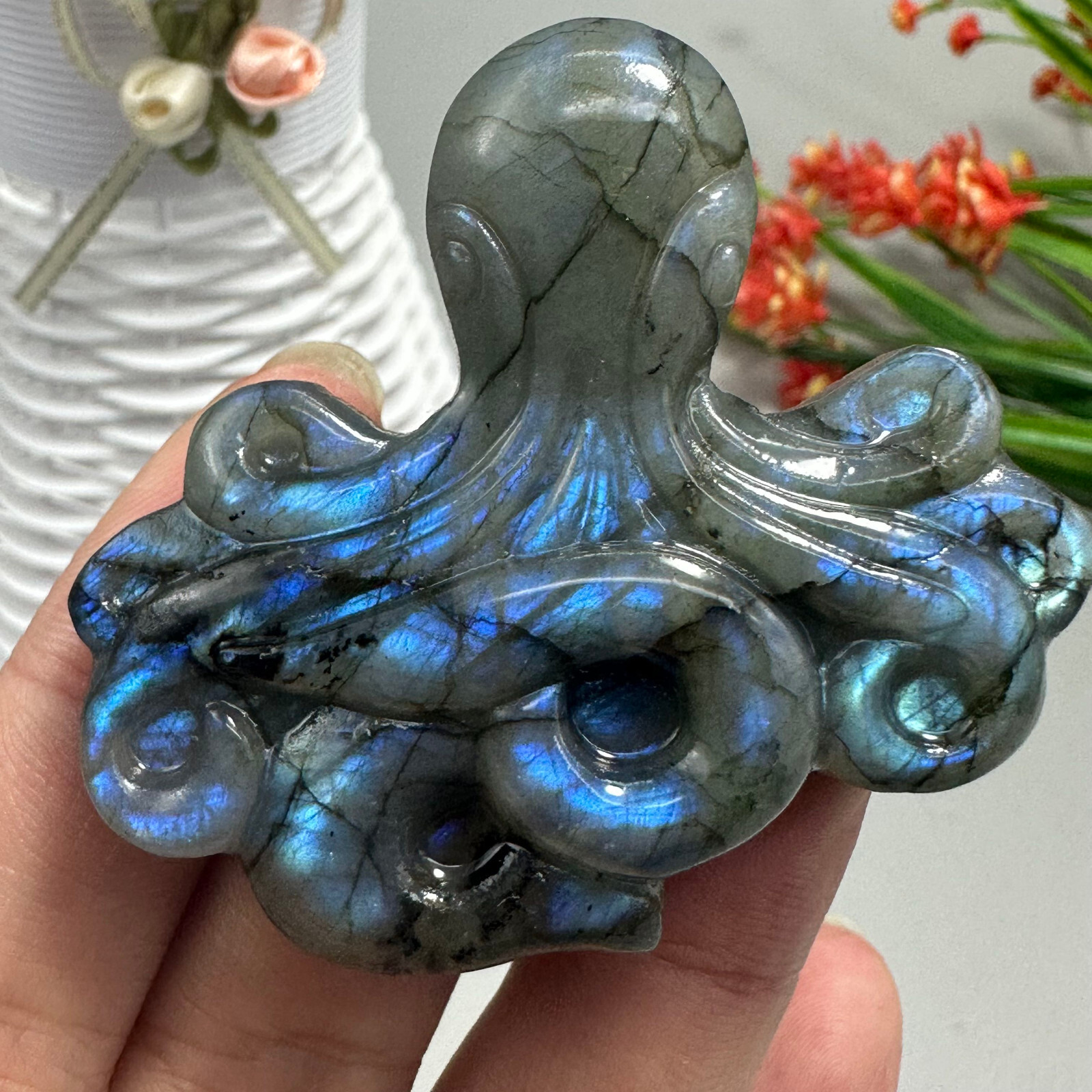 Natural Labradorite Carved OCTOPUS Quartz Skull Crystal Specimen Reiki Healing