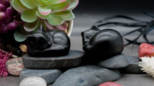 Obsidian Crystal Sleeping Cat Carving Stone Healing Protection Pet Trinket Decor