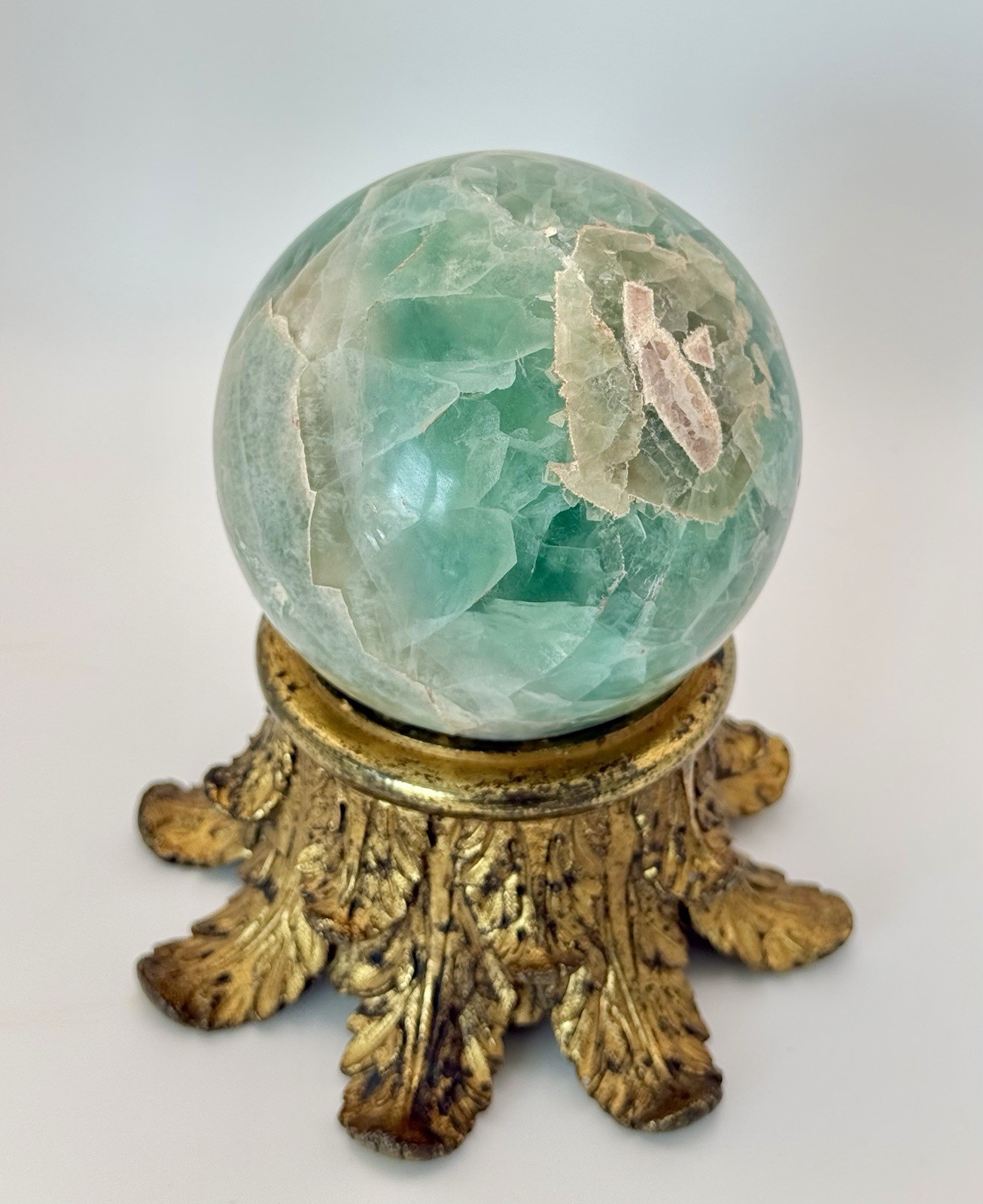 Green Fluorite Crystal Sphere / Crystal Ball On Ornate Antique Gilded Base