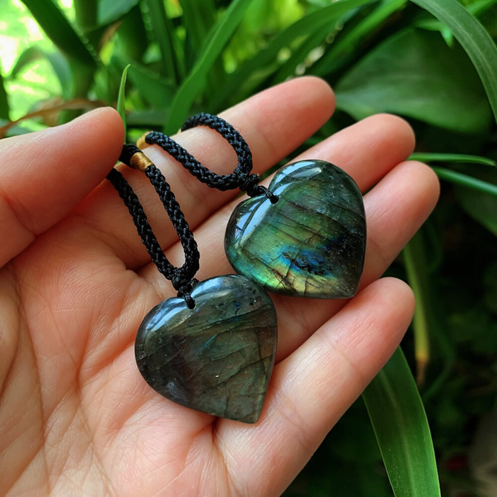 Natural Heart Pendant Labradorite Necklace Gem Moonstone Stone Crystal EOB
