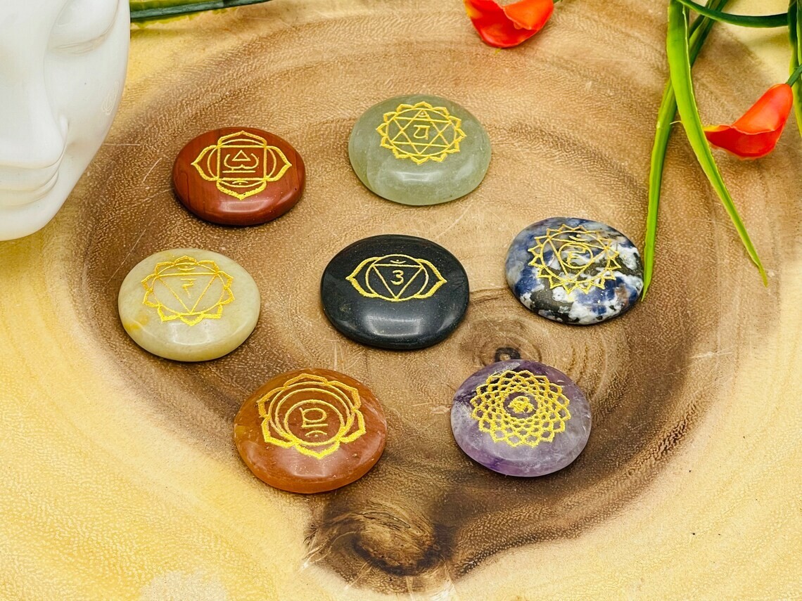 7 Chakra Round Palm Smooth Stone Set, Engraved Chakra Symbol, Crystal Palm Stone