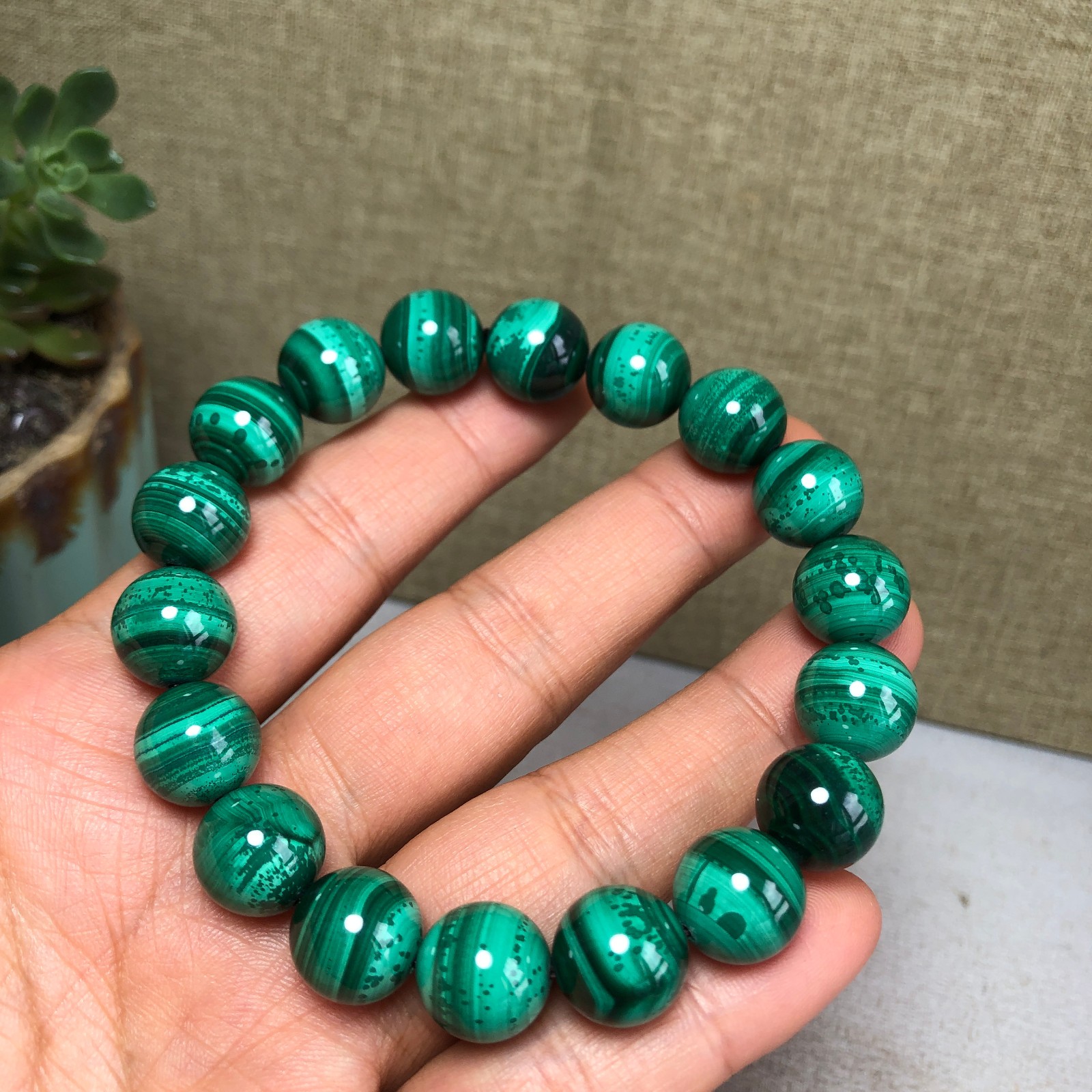 12mm Natural malachite gemstone Crystal chain beads bracelet 67g A4759