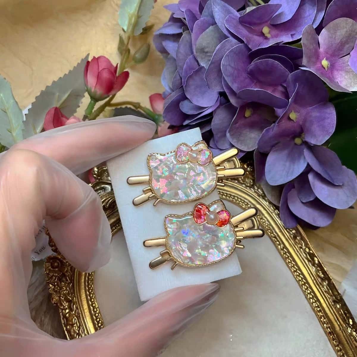 1PC Bow Cat Head Hair Clip with Mother-of-Pearl | 60x30mm Handmade Alloy