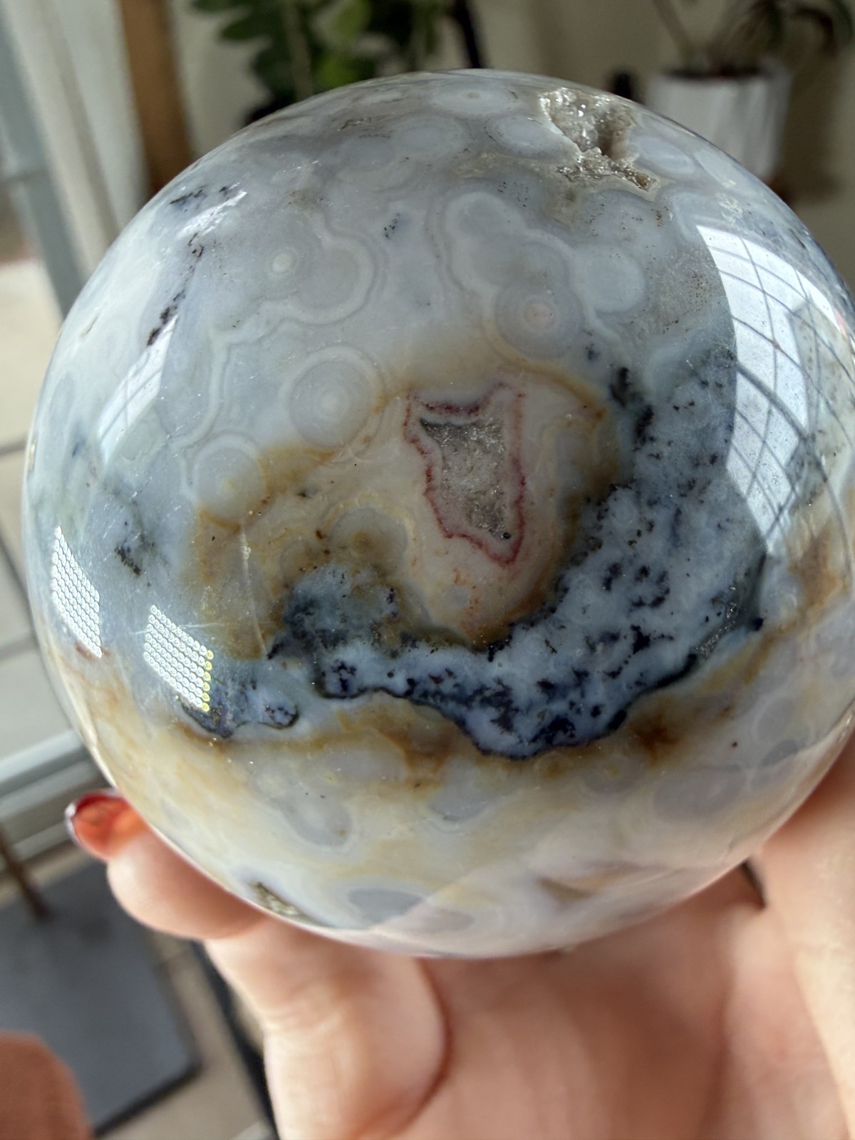 8th Vein Ocean Jasper Sphere – Blue, White, Brown & Green Orbs – 11.43 oz