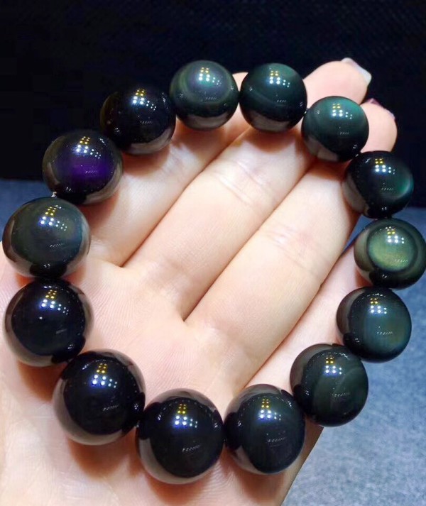 16mm Natural Rainbow Black Obsidian Gemstone Round Beads Stretch Bracelet