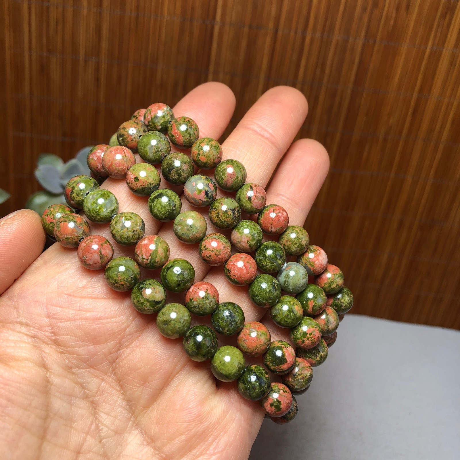 5Pcs Wholesal Natural Polish Unakite stone bracelets Crystal ball 8mm A3424