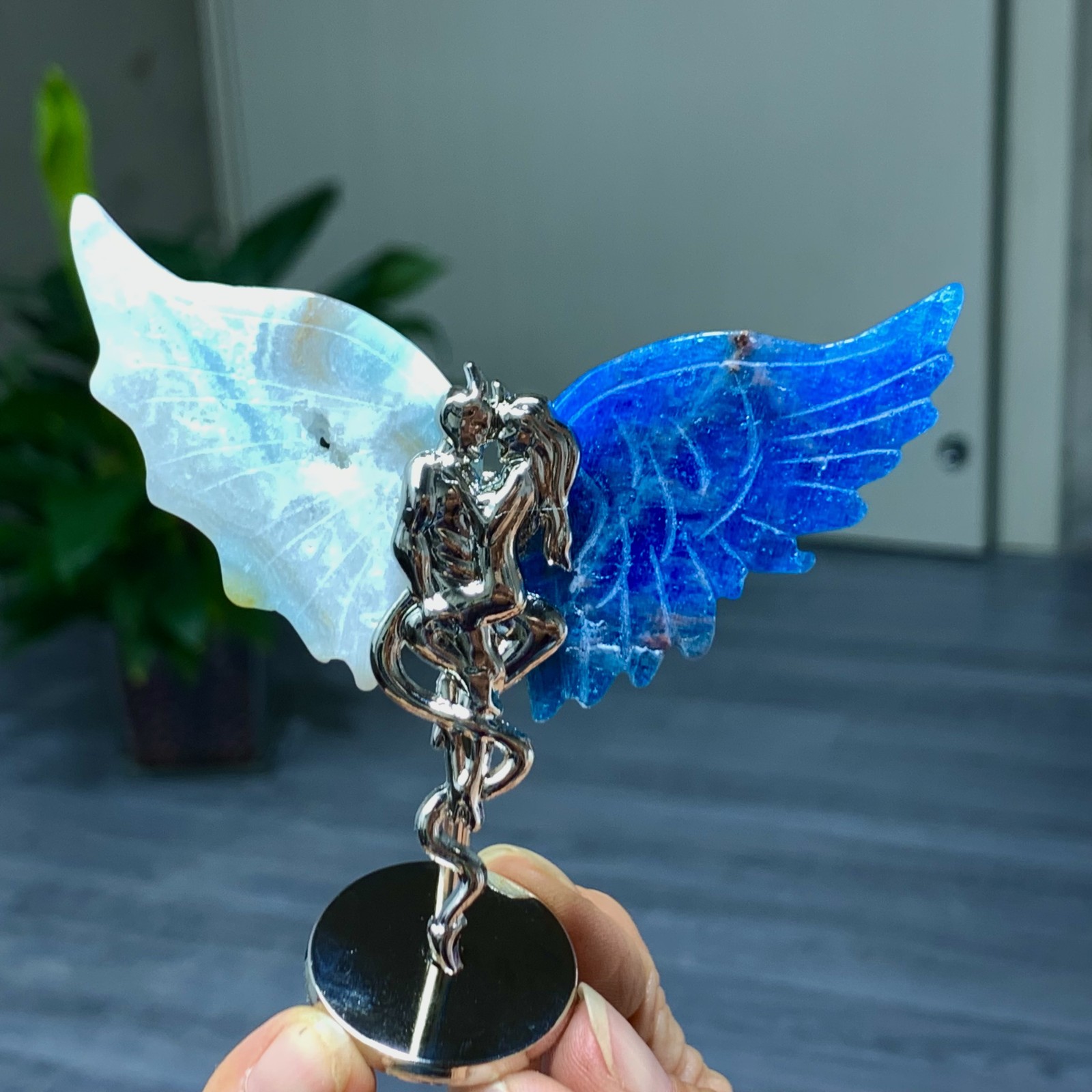 45G Natural hemimorphite and blue apatite hand carved devil angel wing specimen