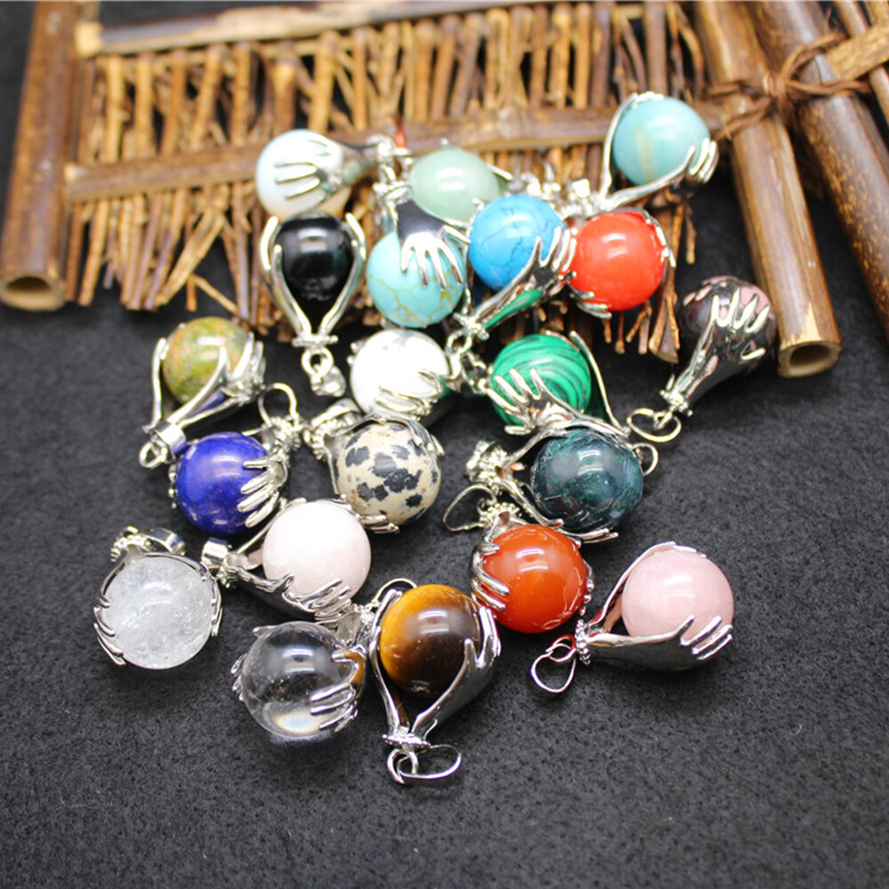 Hands Palm Wrap Ball Pendant Natural Crystal Gemstone Round Reiki Chakra Beads