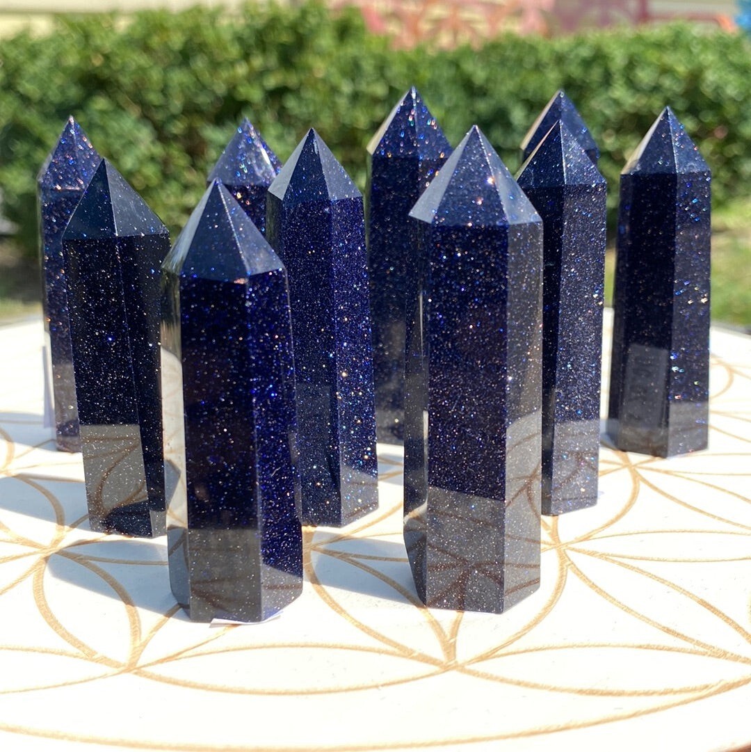 Blue Goldstone Tower Single Point Wand Sky Night Crystal Obelisk Home Decoration