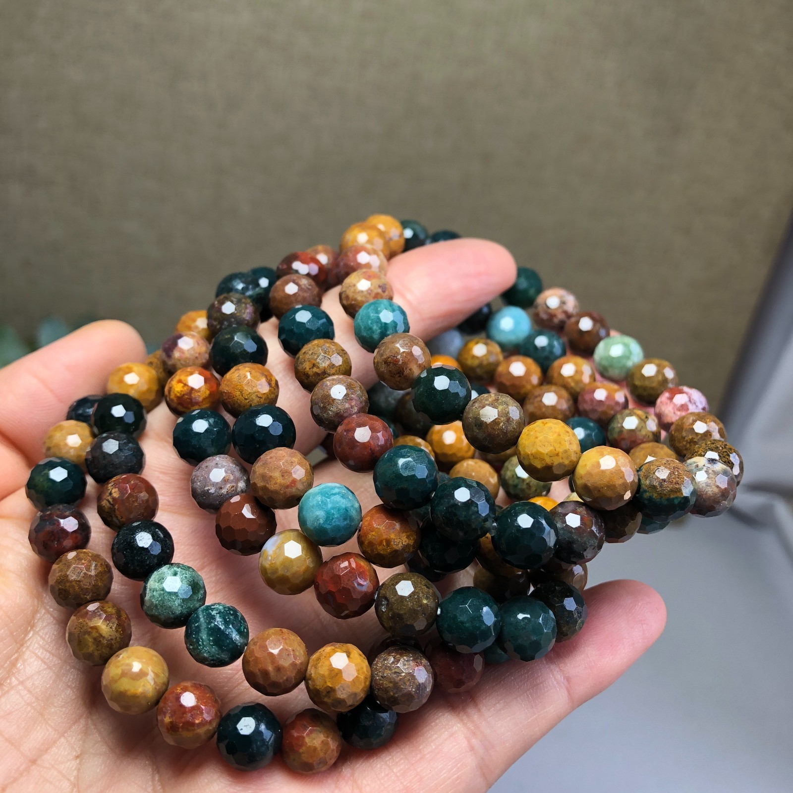5Pcs Wholesal Natural Ocean Jasper bracelets Crystal ball sphere facet 8mm