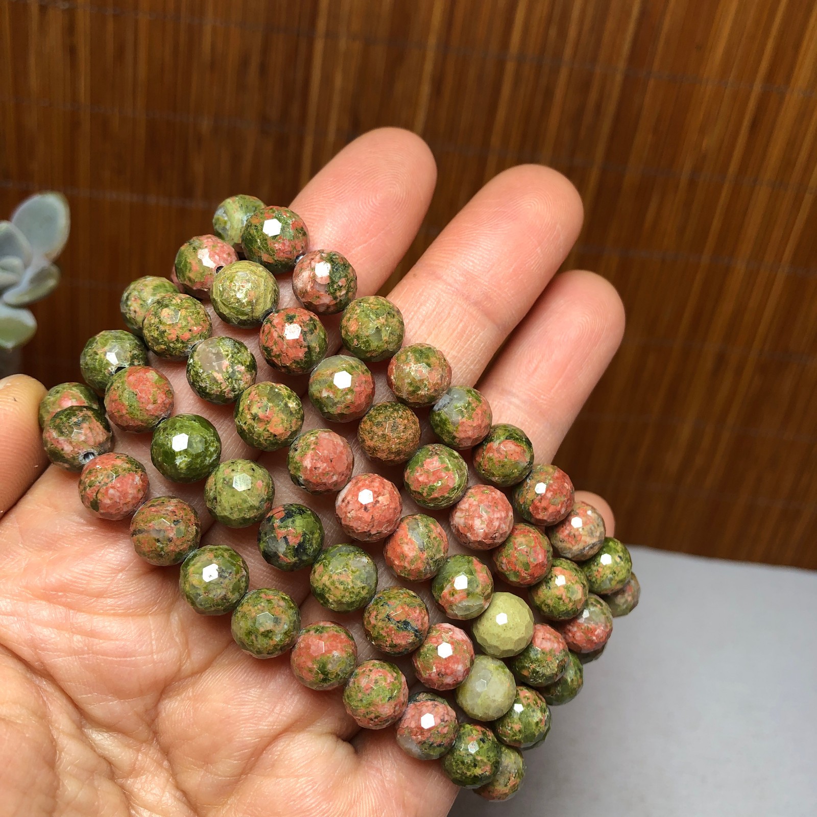 5Pcs Wholesal Natural Polish Unakite stone bracelets Crystal ball 8mm facet 3427