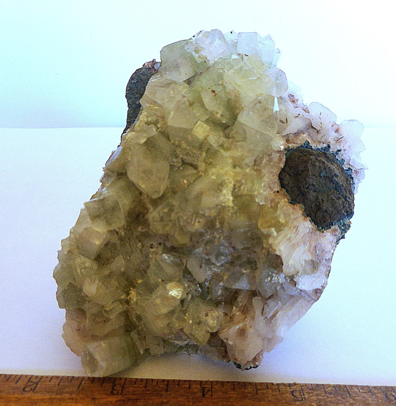 Green Apophyllite & White Stilbite Crystal Cluster Plate . Geode . Natural 4.5″